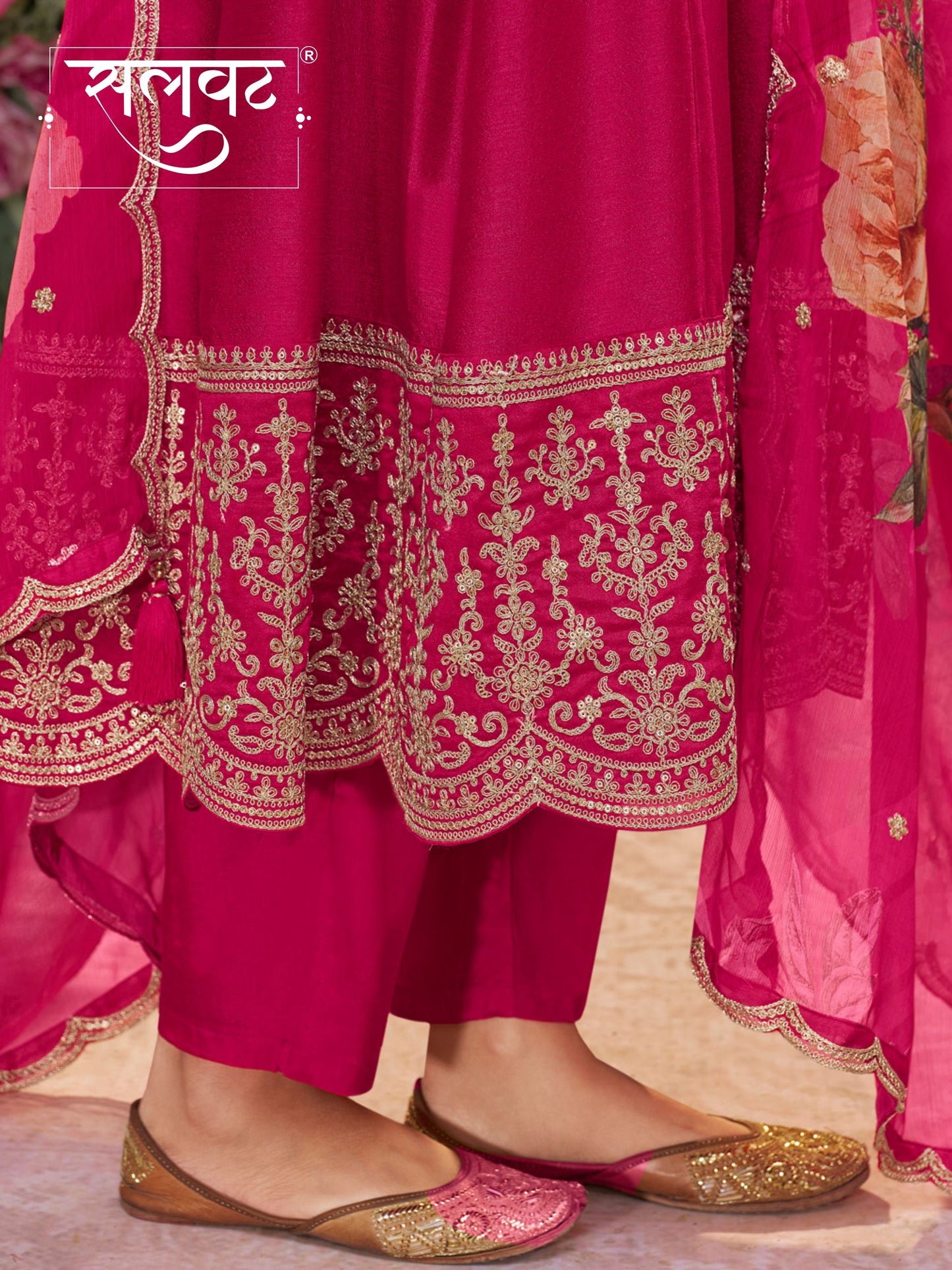 Pink Vichitra Silk Embroidered Anarkali Set with Digital Printed Chiffon Dupatta