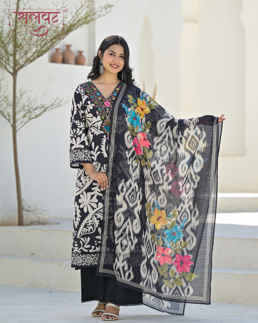 Black & White With Multicolour Embroidered Handwork Kurta Set With Printed Dupatta