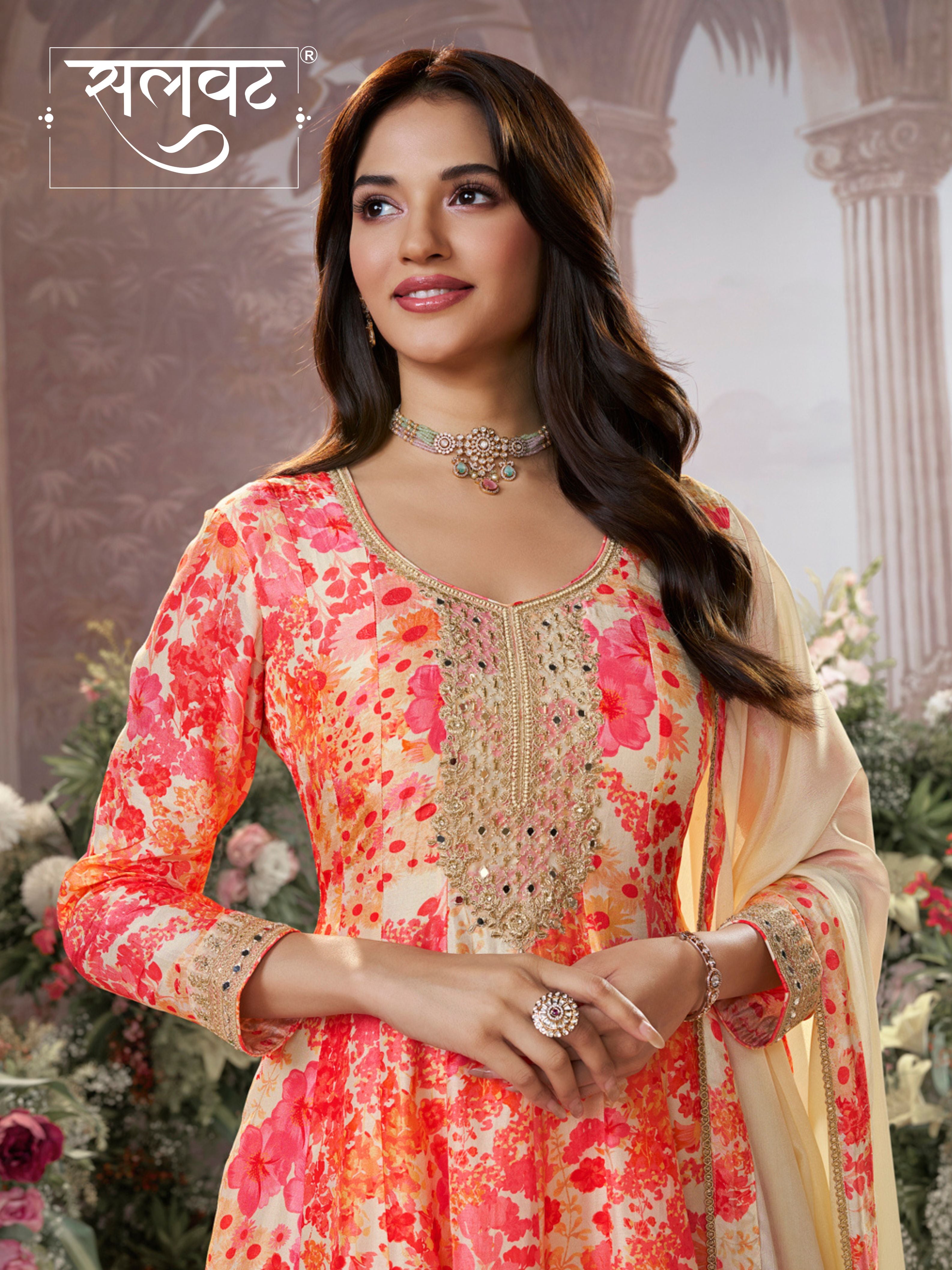 Off-White Russian Silk Mirror Work Sharara Set paired with Chinon Dupatta with Digital Printed Borders