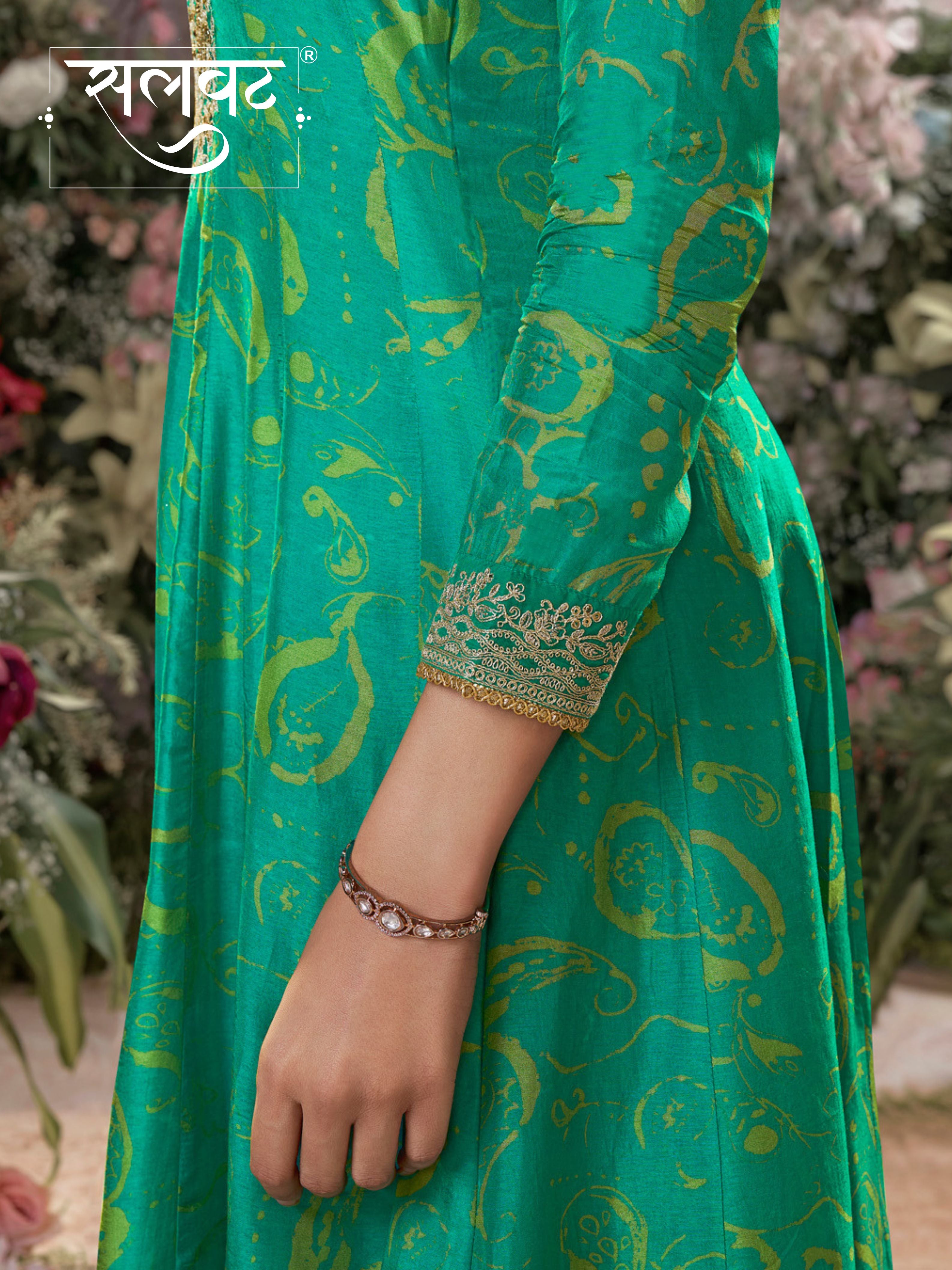 Green Digital Printed Mirror Embroidered Anarkali Suit Set
