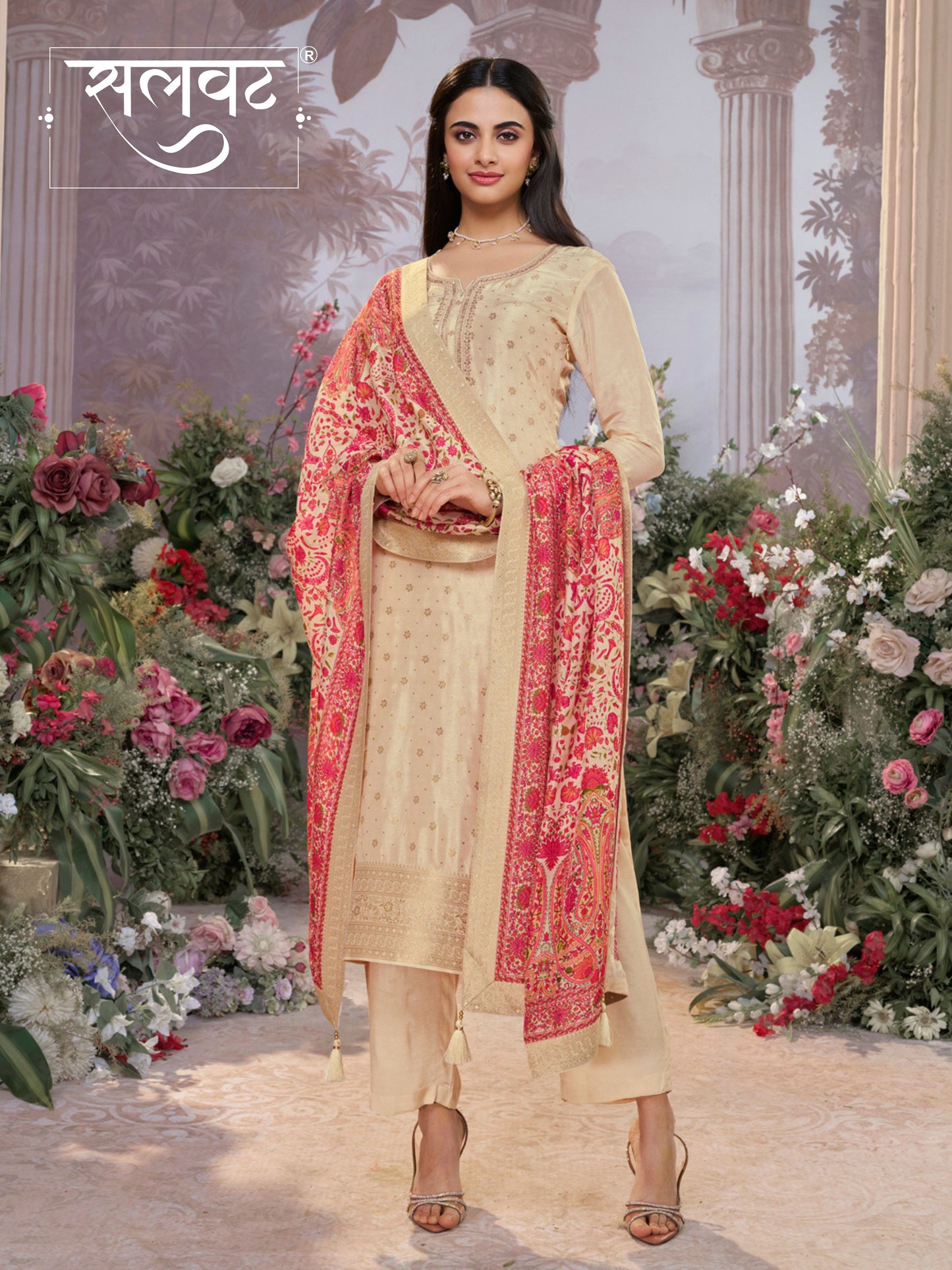 Off-White Dola Silk Kurta Set with Jacquard Detailing and Intricate Embroidery, Paired with a Cherry Silk Dupatta