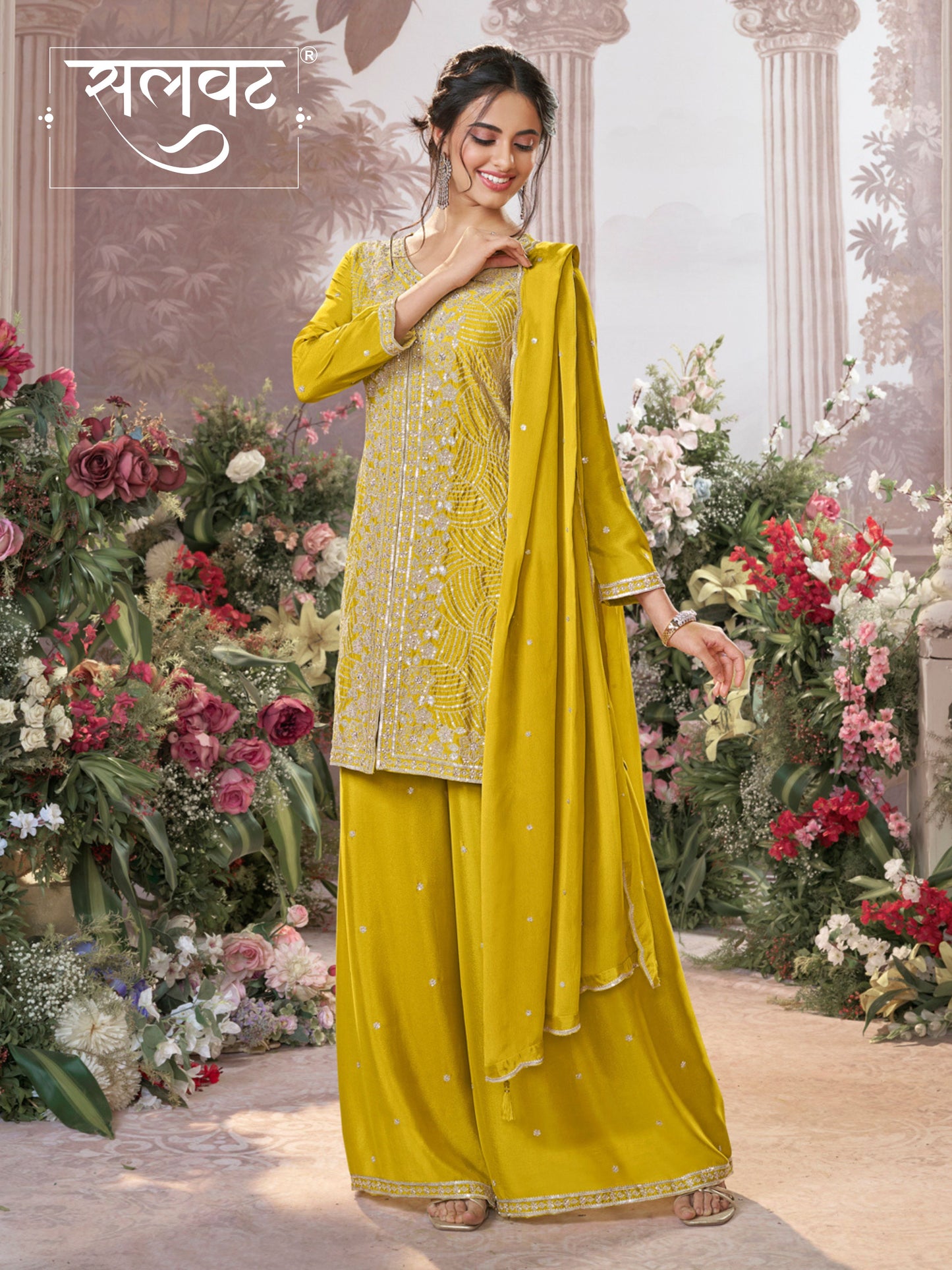 Yellow Chinon Embroidered Sharara Suit with Butti Work and Sequins Scalloped Border Dupatta