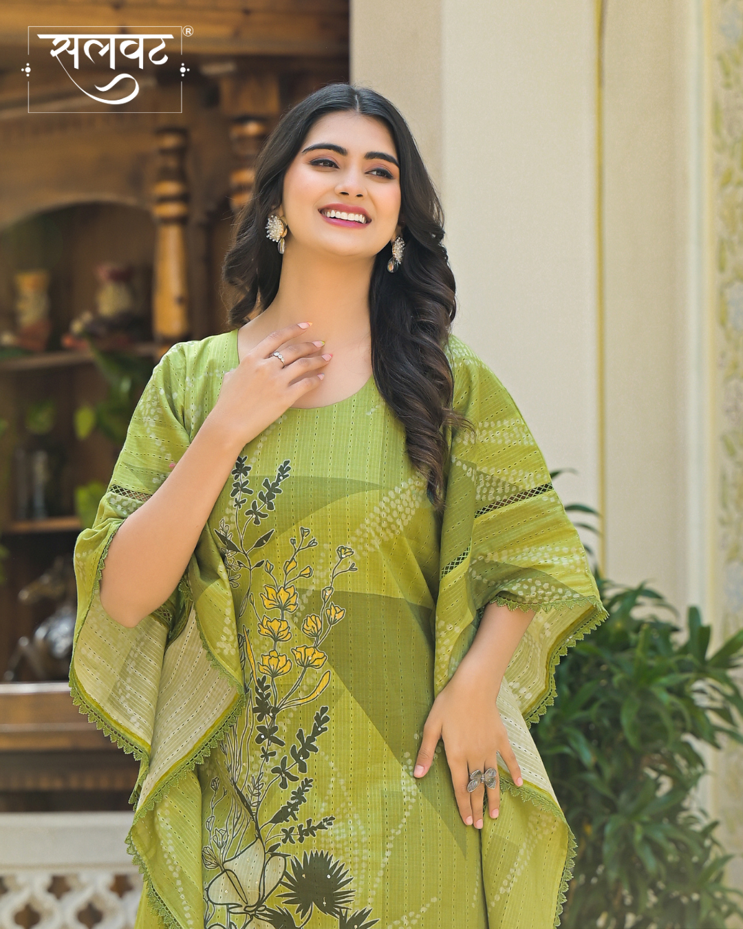 Green Printed Sequins Embellished Kaftan Set