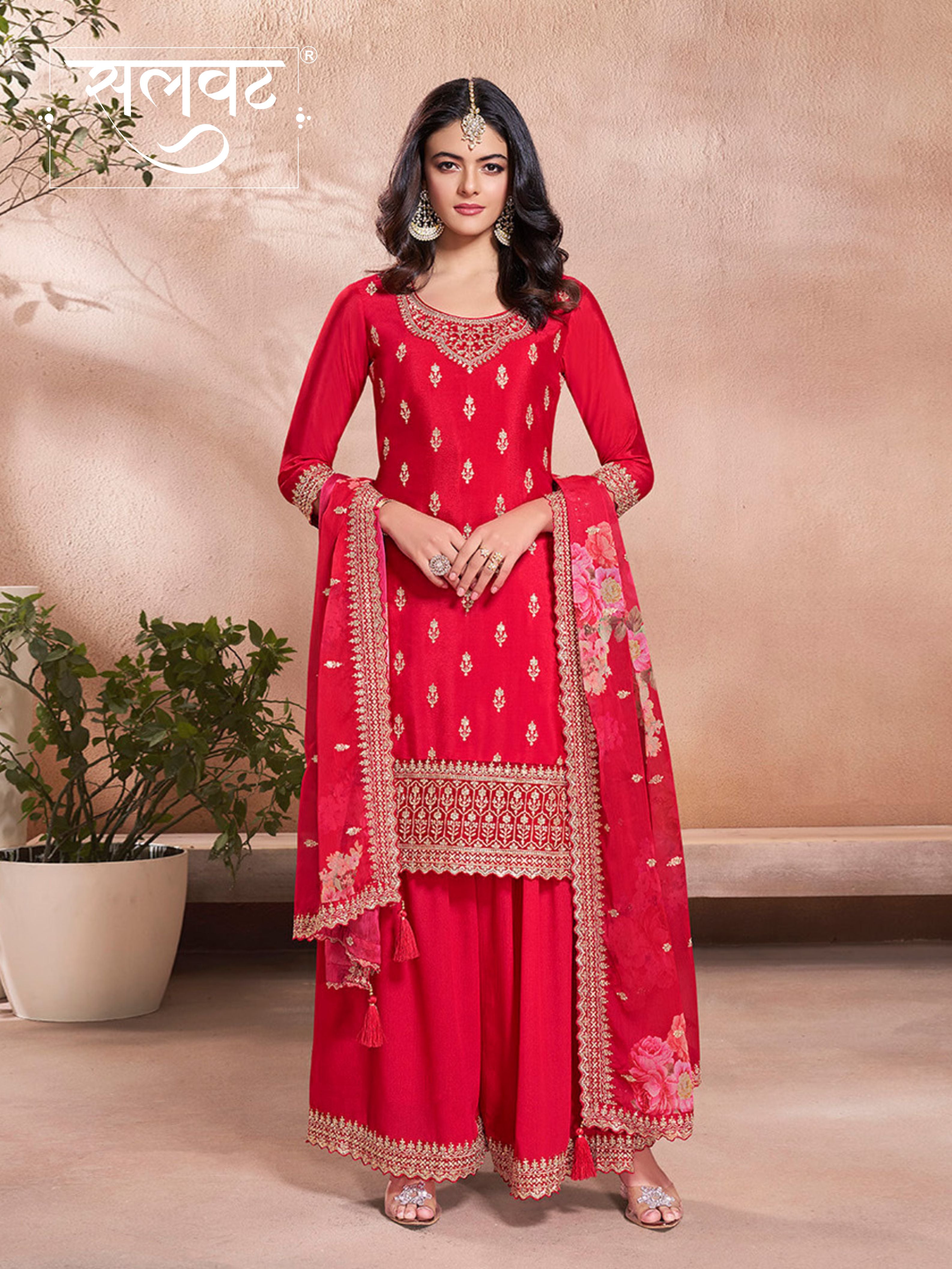 Red Butti Floral pattern Sequins Embroidered Sharara Suit Set