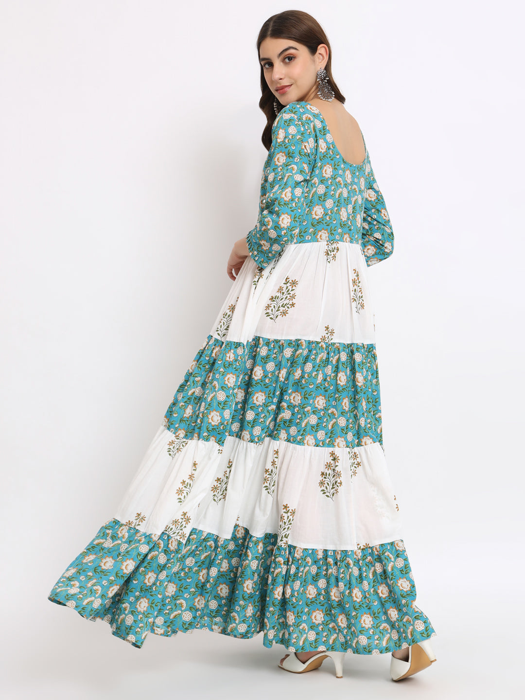 White & Blue Cotton Printed Long Dress