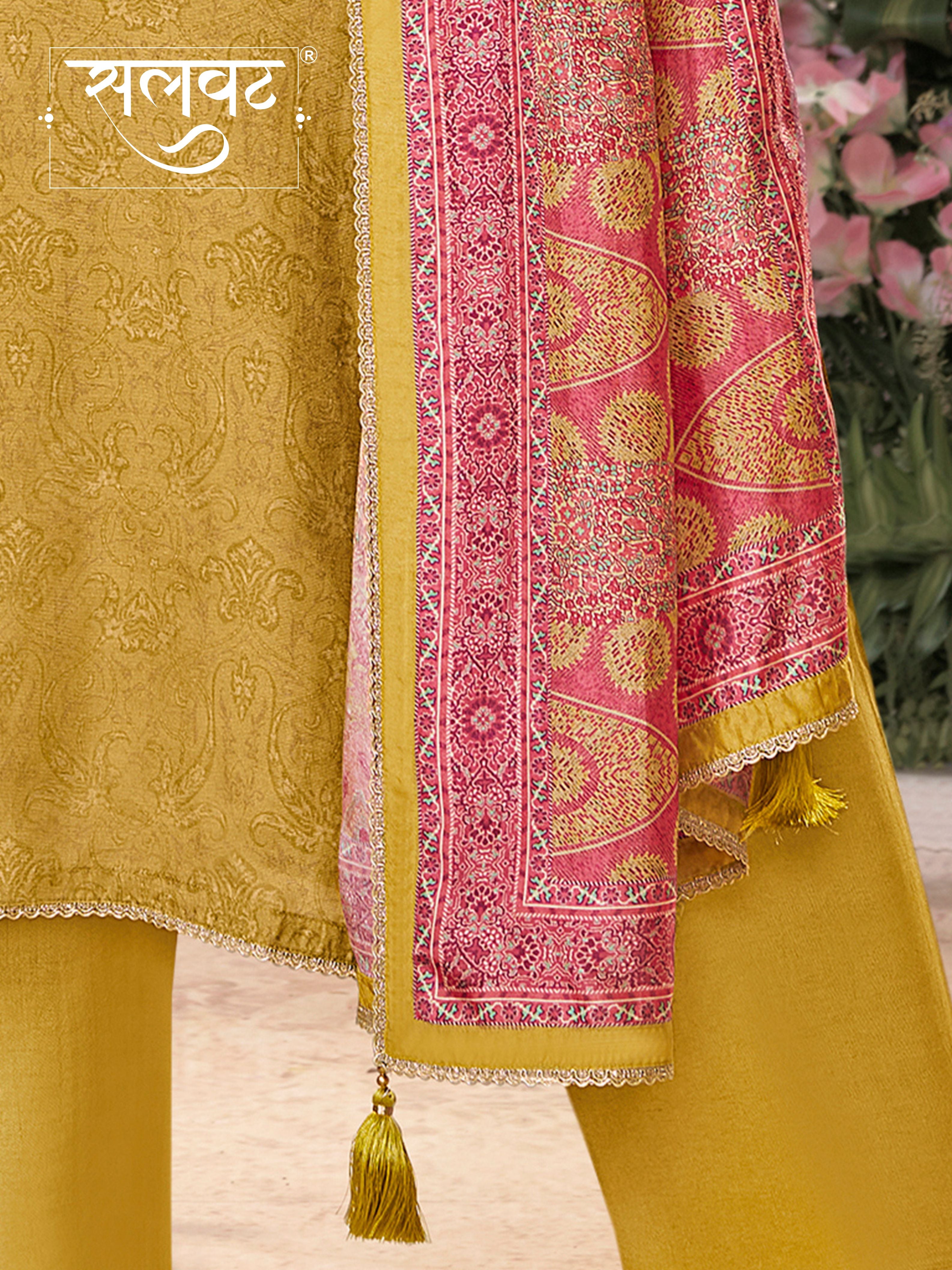 Yellow Russian Silk Kurta With Digital Print Work Paired With Russian Milk Digital Print Contrast Dupatta
