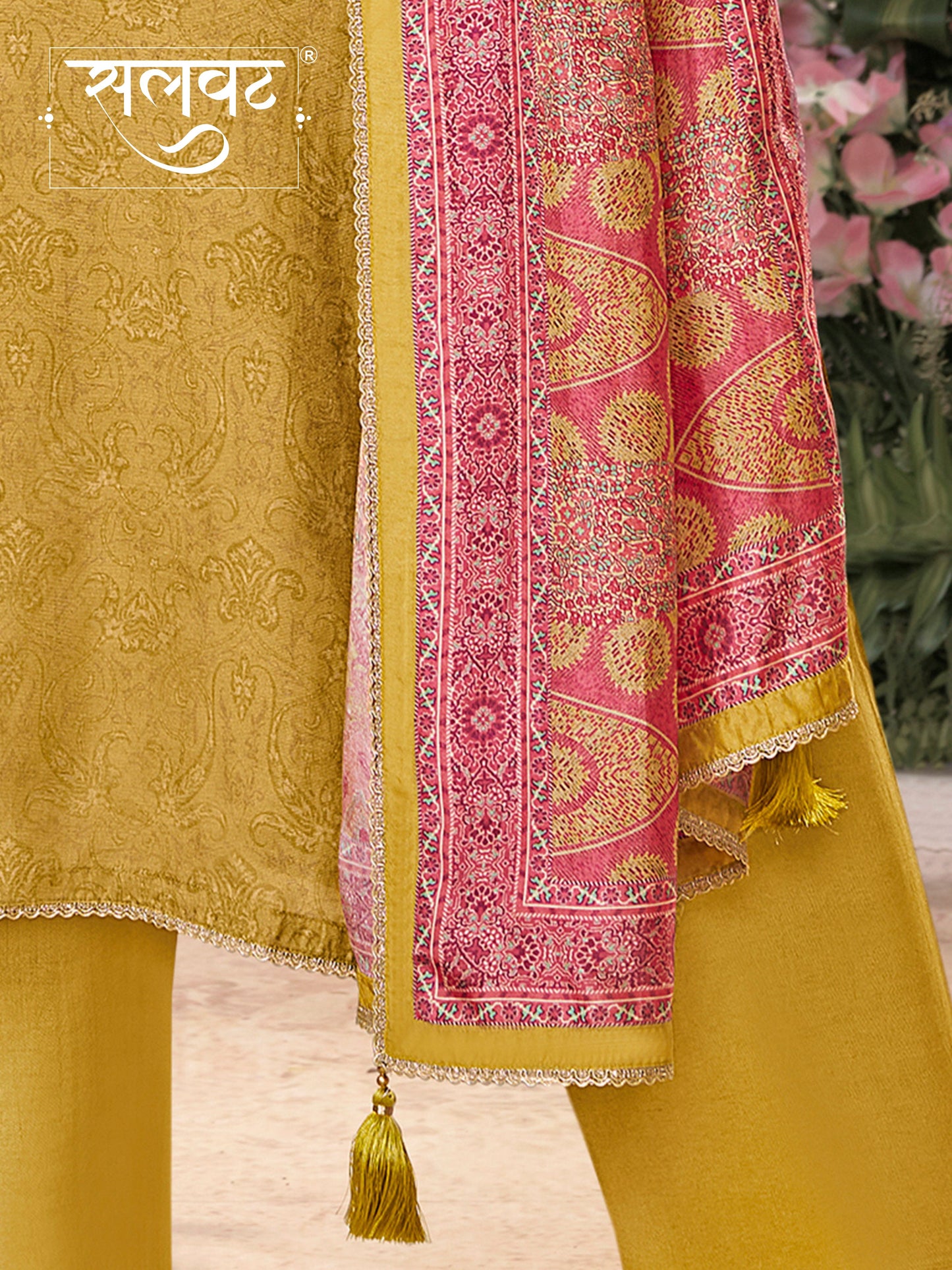 Yellow Russian Silk Kurta With Digital Print Work Paired With Russian Milk Digital Print Contrast Dupatta