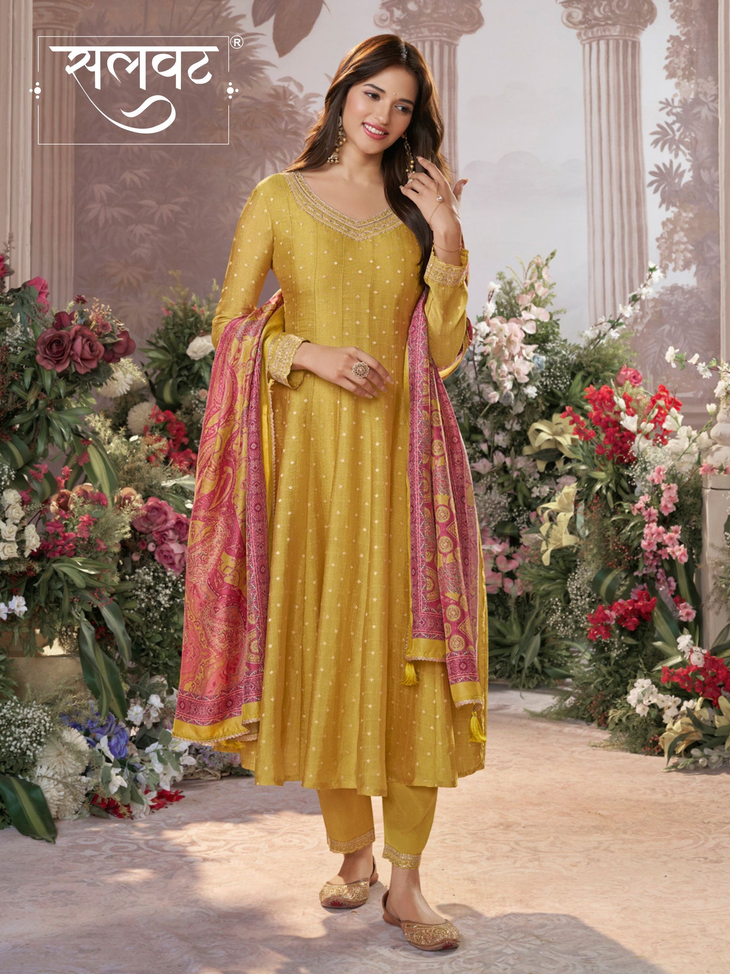 Mustard Tissue Silk Embroidered Anarkali Suit Set with Contrast Digital Print Russian Silk Dupatta