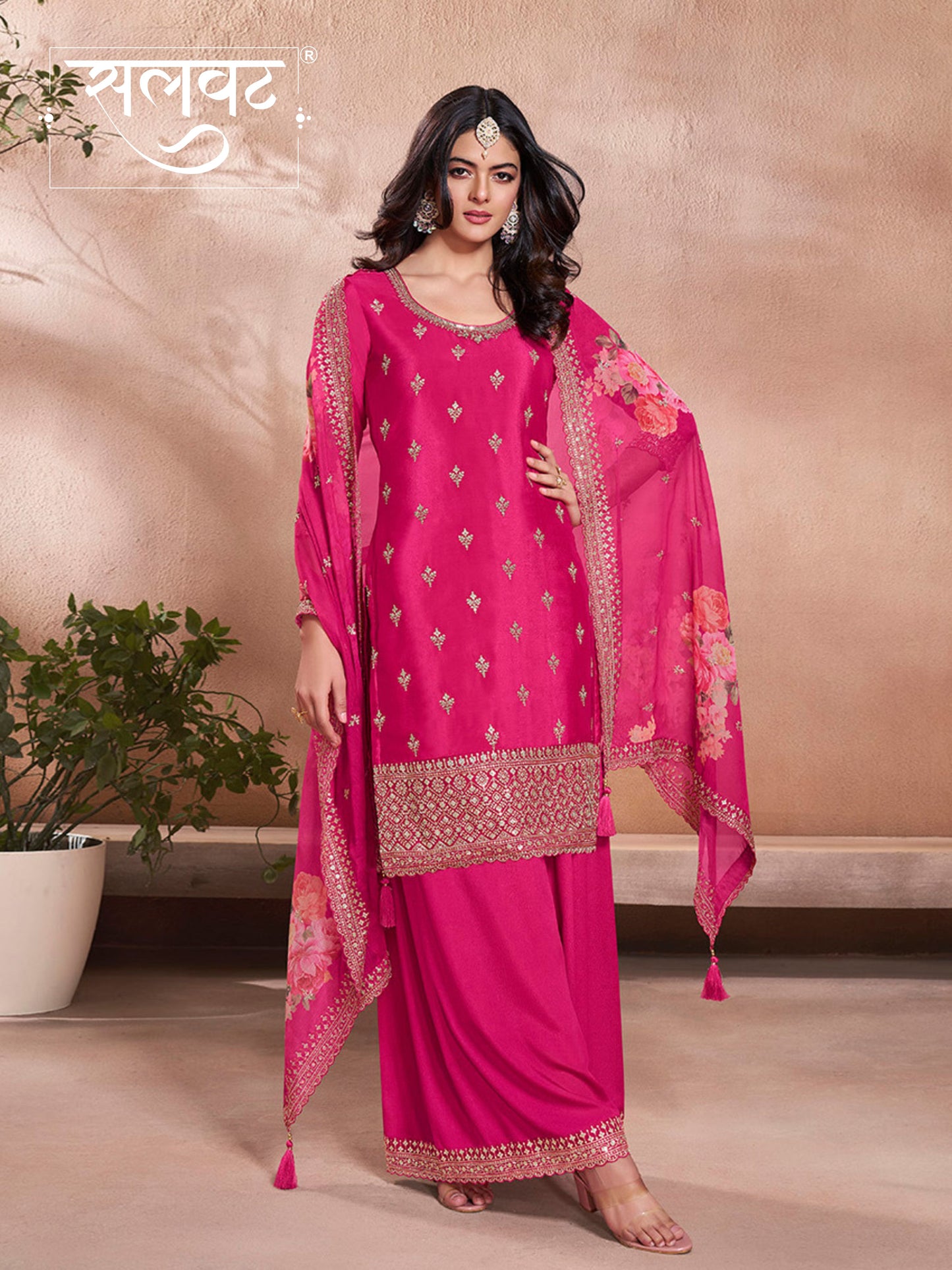 Pink Butti Floral pattern Sequins Embroidered Sharara Suit Set