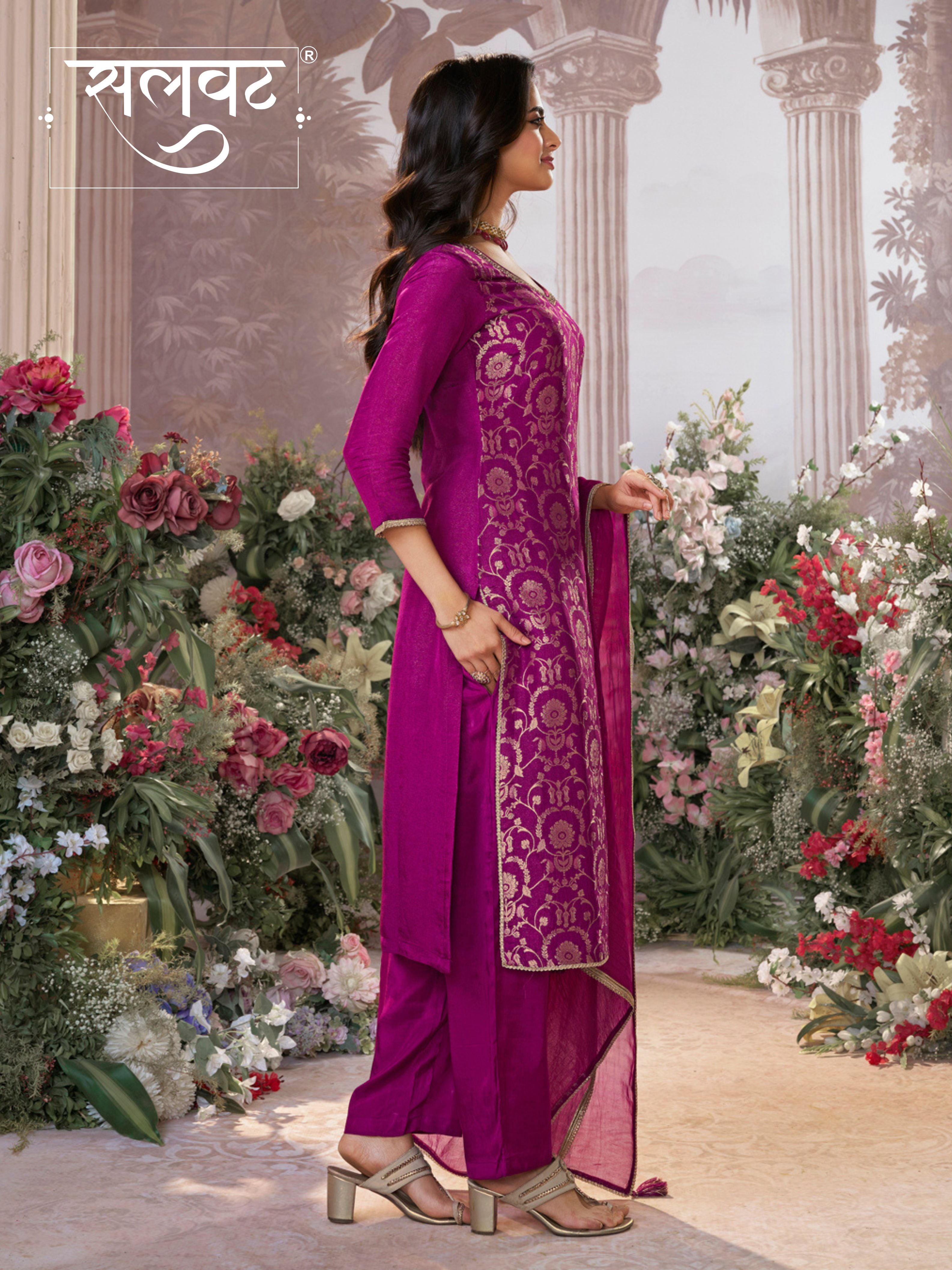 Pansy Purple Chinon Kurta Set with Jacquard and Zari Work, Paired with an Organza Dupatta