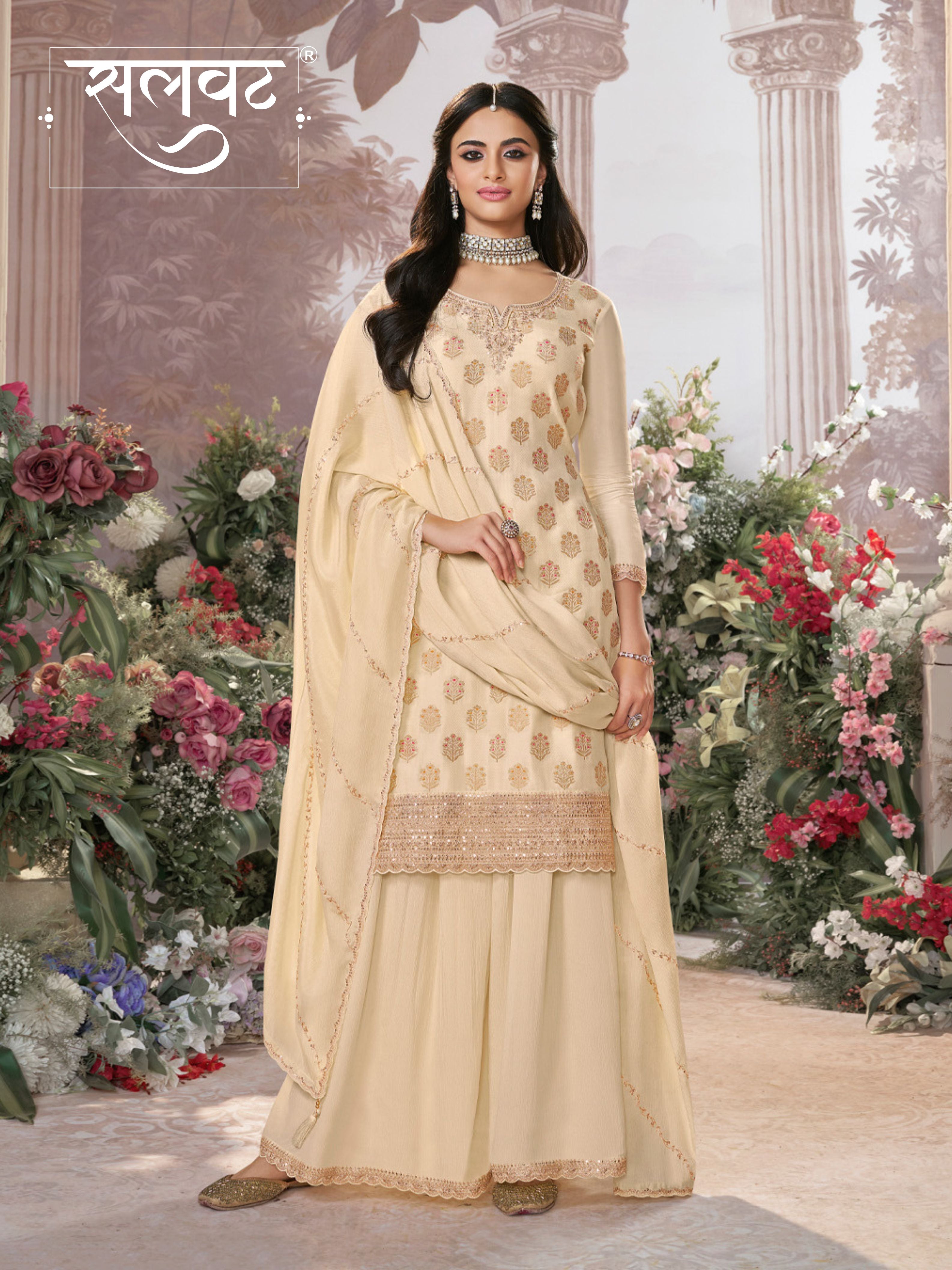 White Dola Silk Meena Jacquard Kurta Set Paired With Embroidered Sharara Suit Set