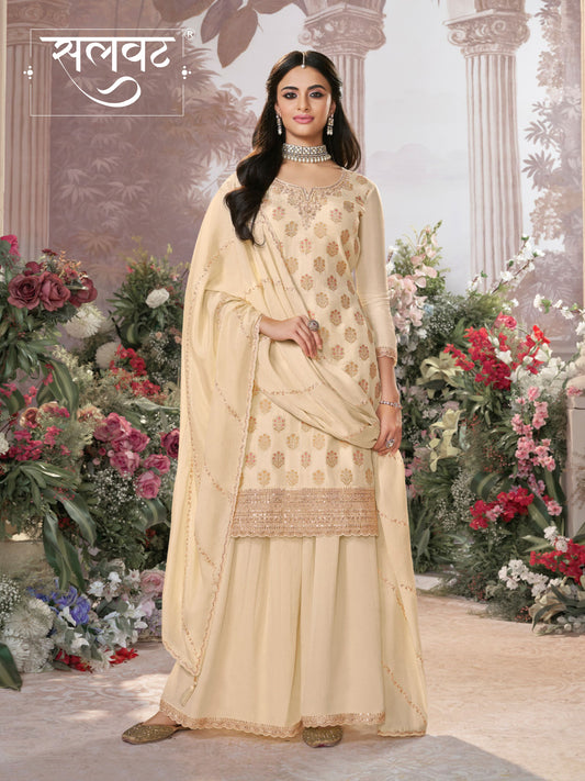 White Dola Silk Meena Jacquard Kurta Set Paired With Embroidered Sharara Suit Set