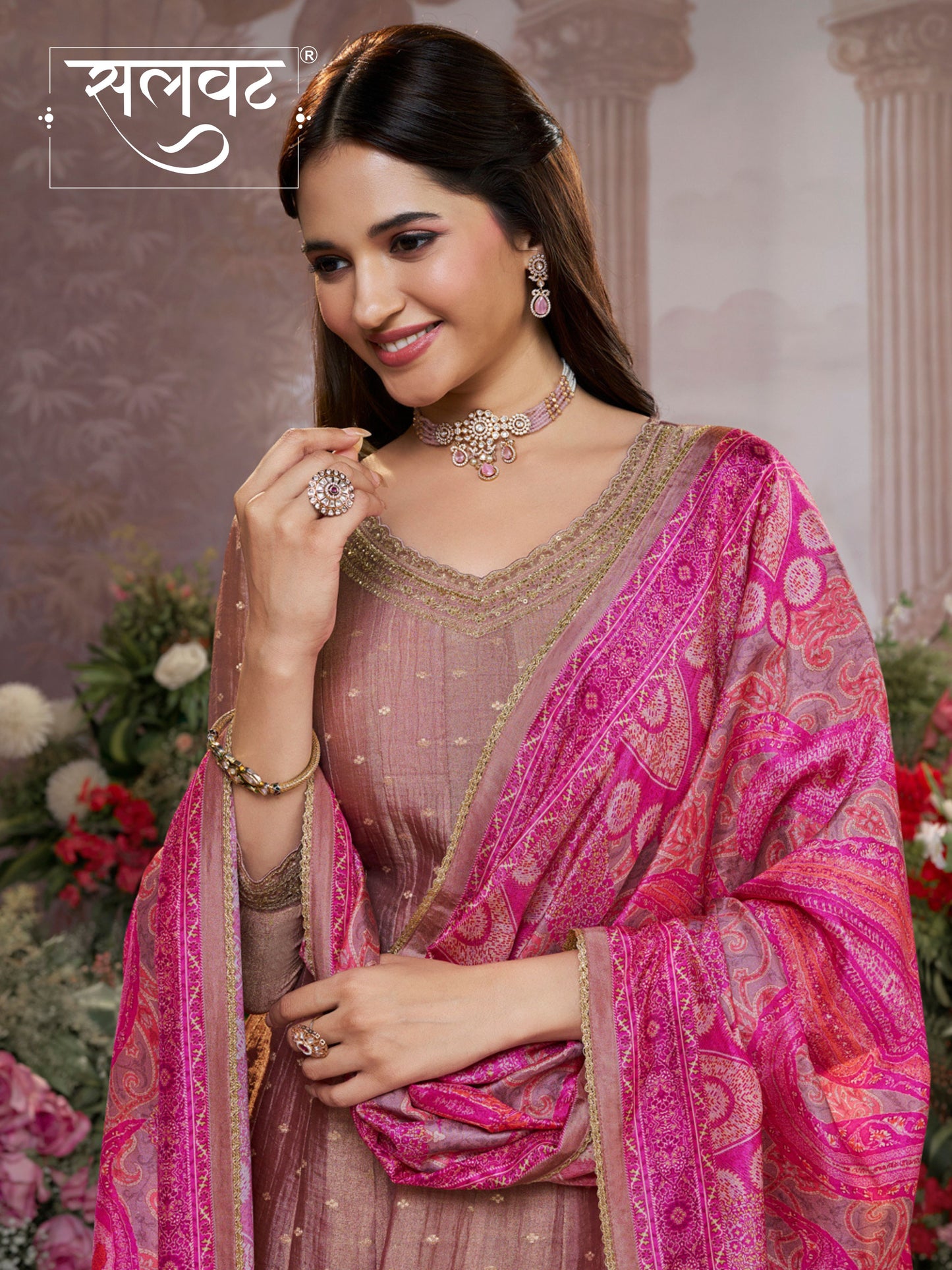 Dusty Rose Tissue Silk Embroidered Anarkali Suit Set with Contrast Digital Print Russian Silk Dupatta