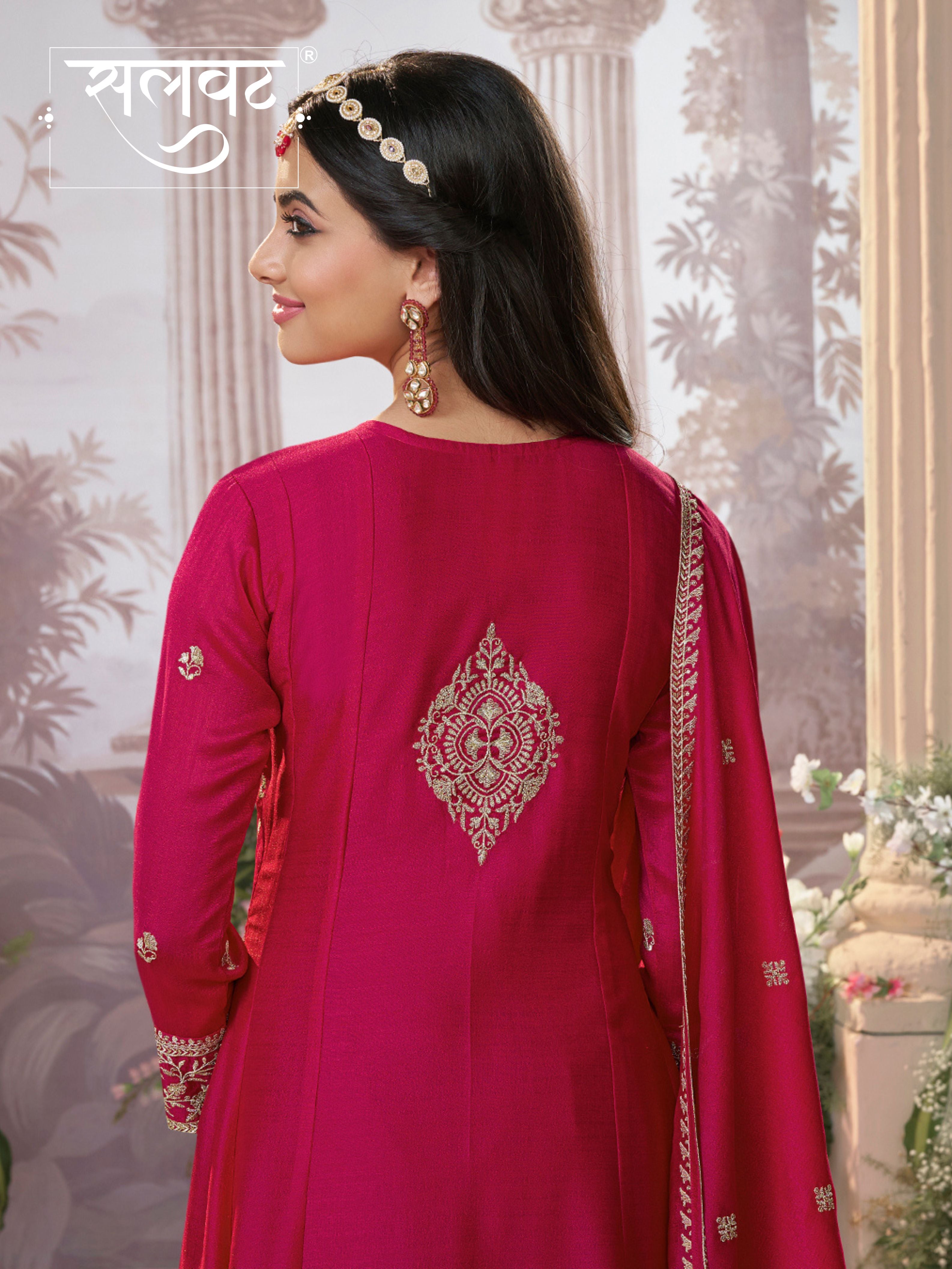Hot Pink Vichitra Silk Kurta Suit Set with Embroidered Work Paired with Vichitra Silk Dupatta with Embroidered Work