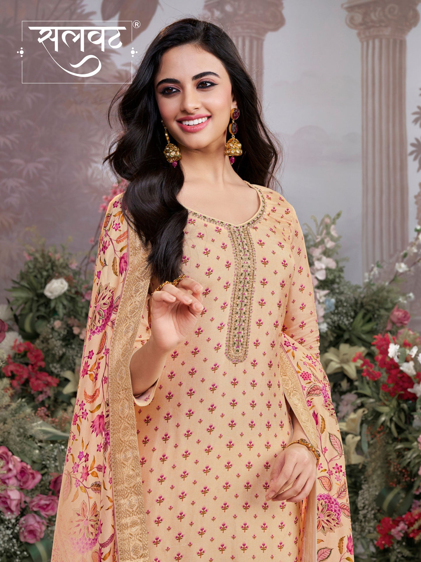 Off-White Russian Silk Kurta Set with Digital Print Work Paired with Russian Silk Digital Printed Duppatta