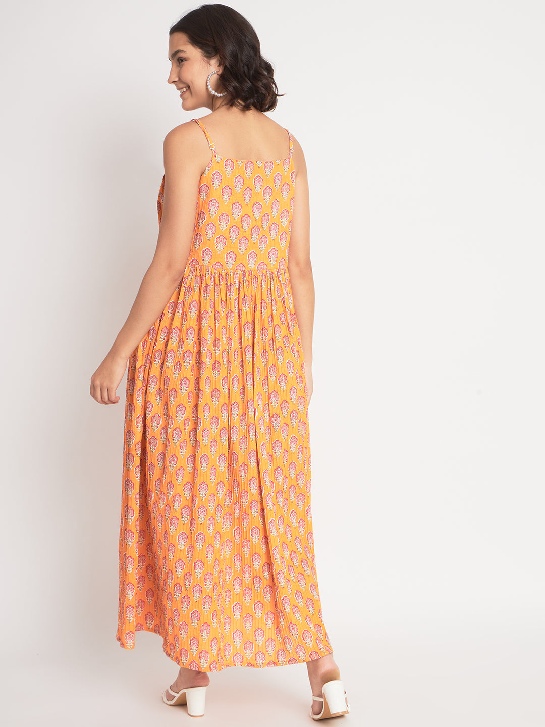 Orange Cotton Printed Long Dress