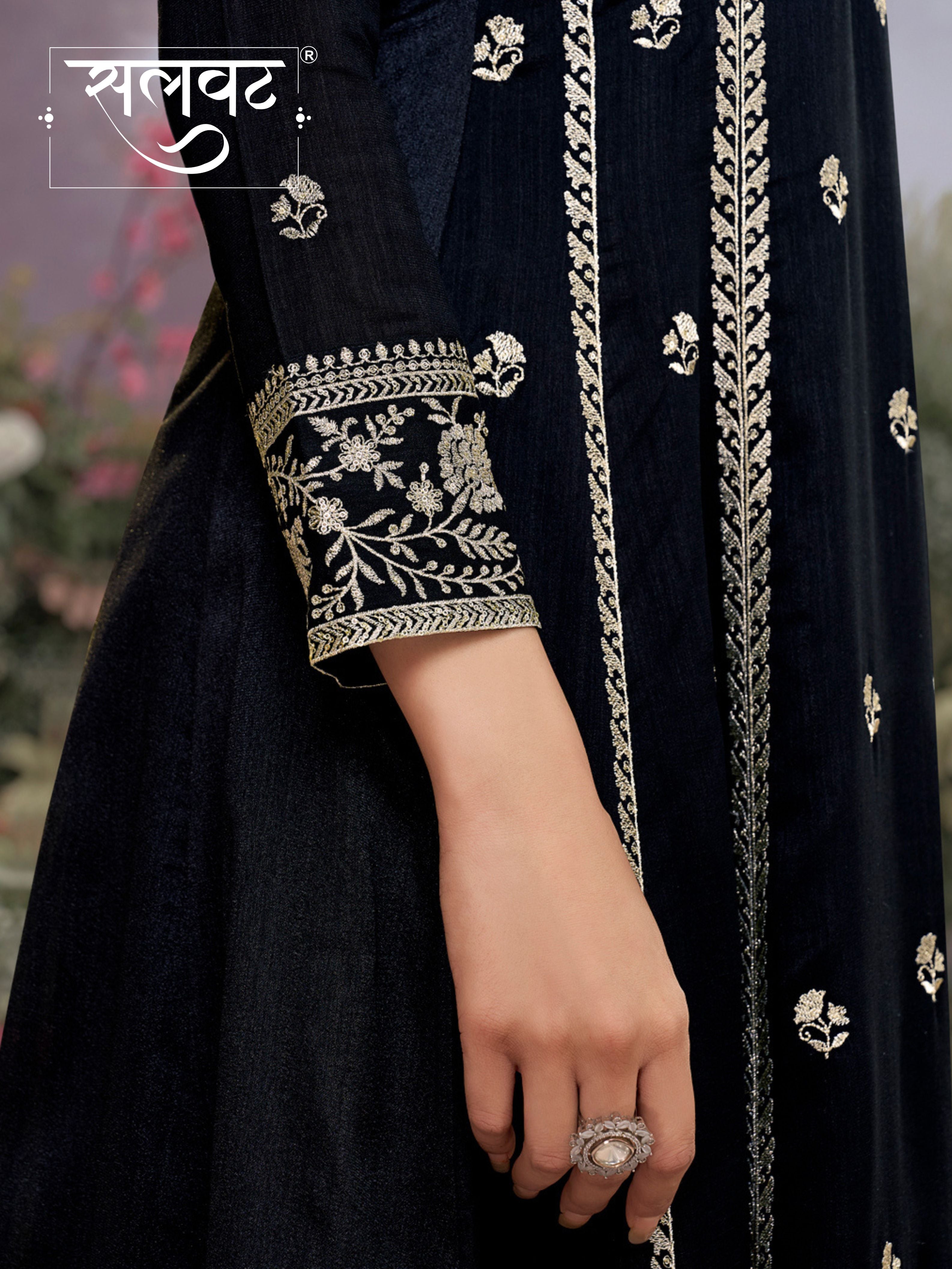 Black Vichitra Silk Kurta Suit Set with Embroidered Work Paired with Vichitra Silk Dupatta with Embroidered Work