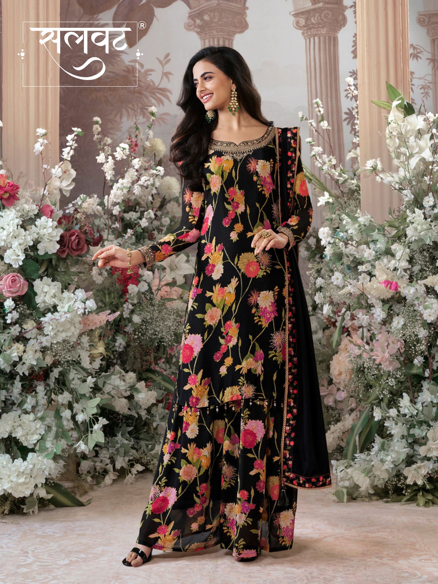 Black Chinon Sharara Set with Floral Print and Embroidery