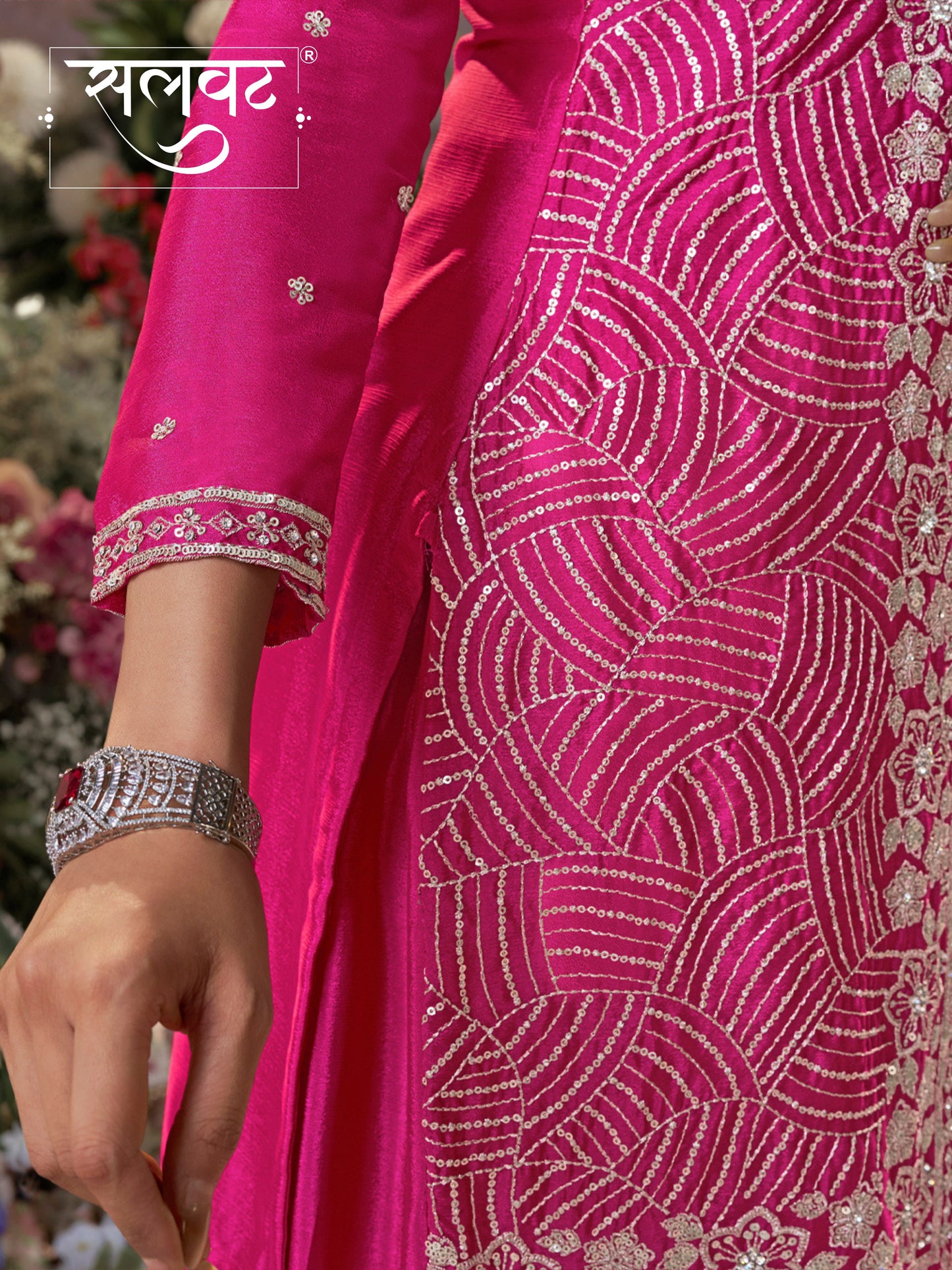 Pink Chinon Embroidered Sharara Suit with Butti Work and Sequins Scalloped Border Dupatta