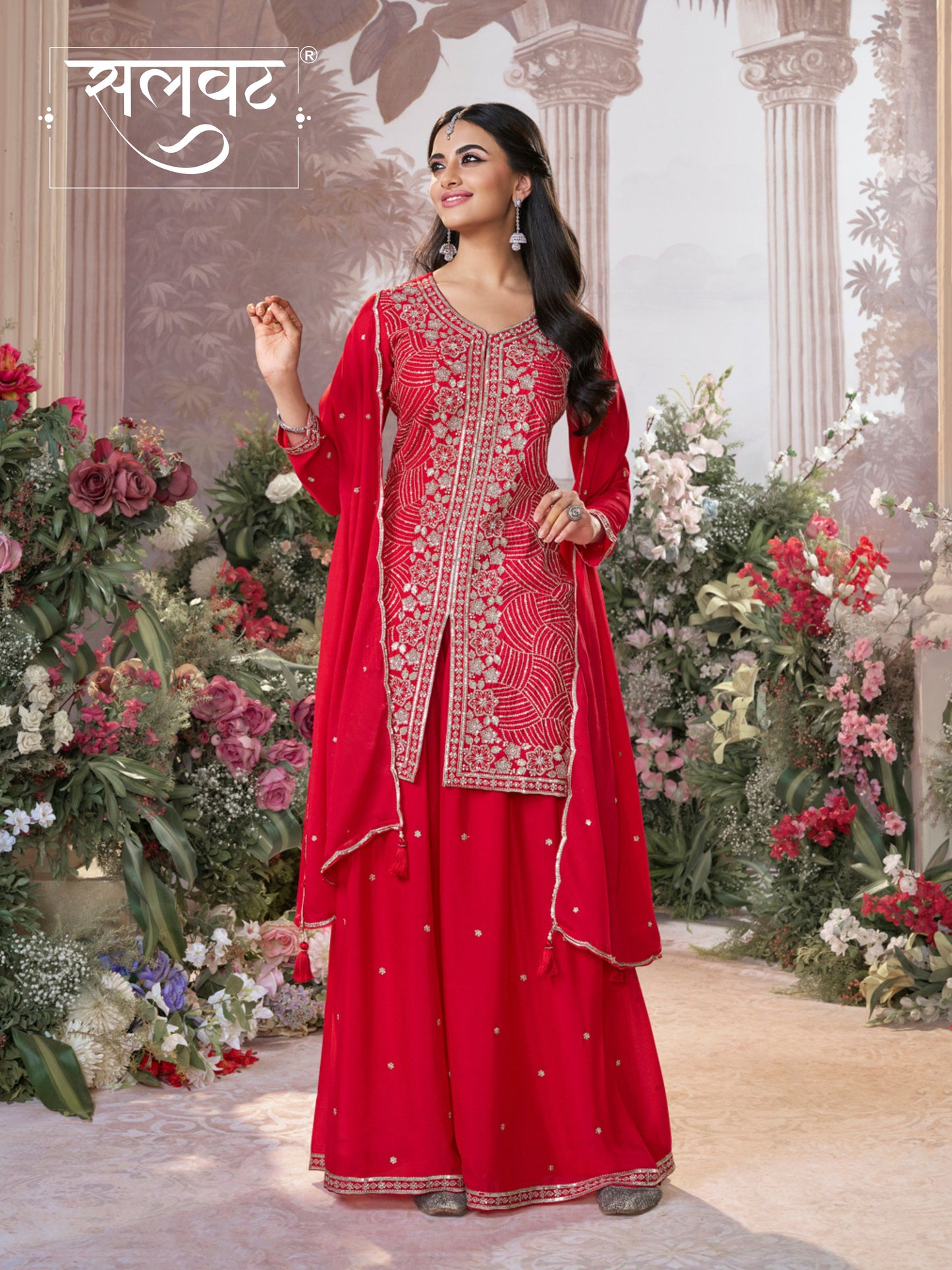 Red Chinon Embroidered Sharara Suit with Butti Work and Sequins Scalloped Border Dupatta