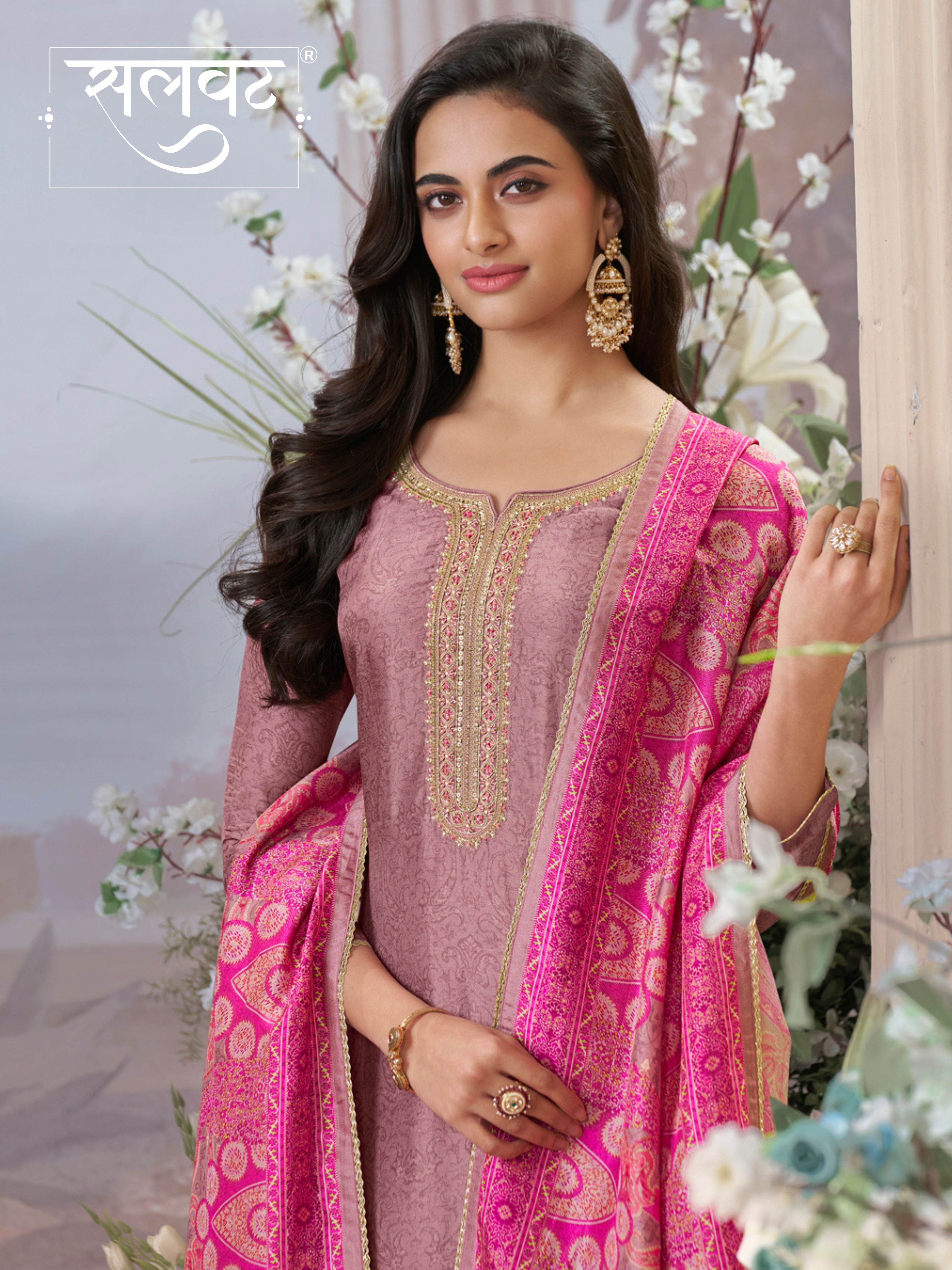 Dusty Rose Russian Silk Kurta With Digital Print Work Paired With Russian Milk Digital Print Contrast Dupatta