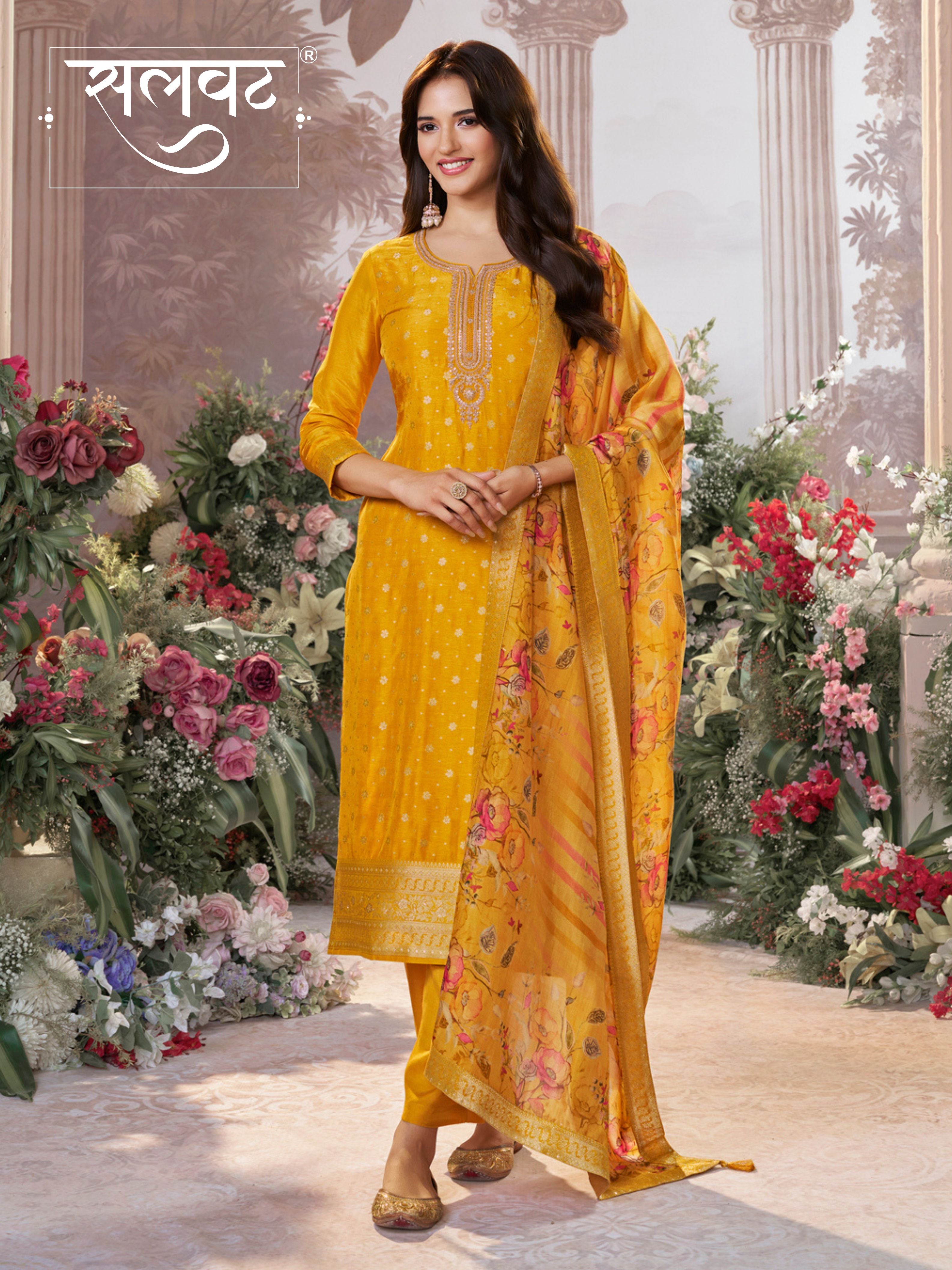 Yellow Dola Silk Kurta Set with Jacquard Detailing and Intricate Embroidery, Paired with a Cherry Silk Dupatta