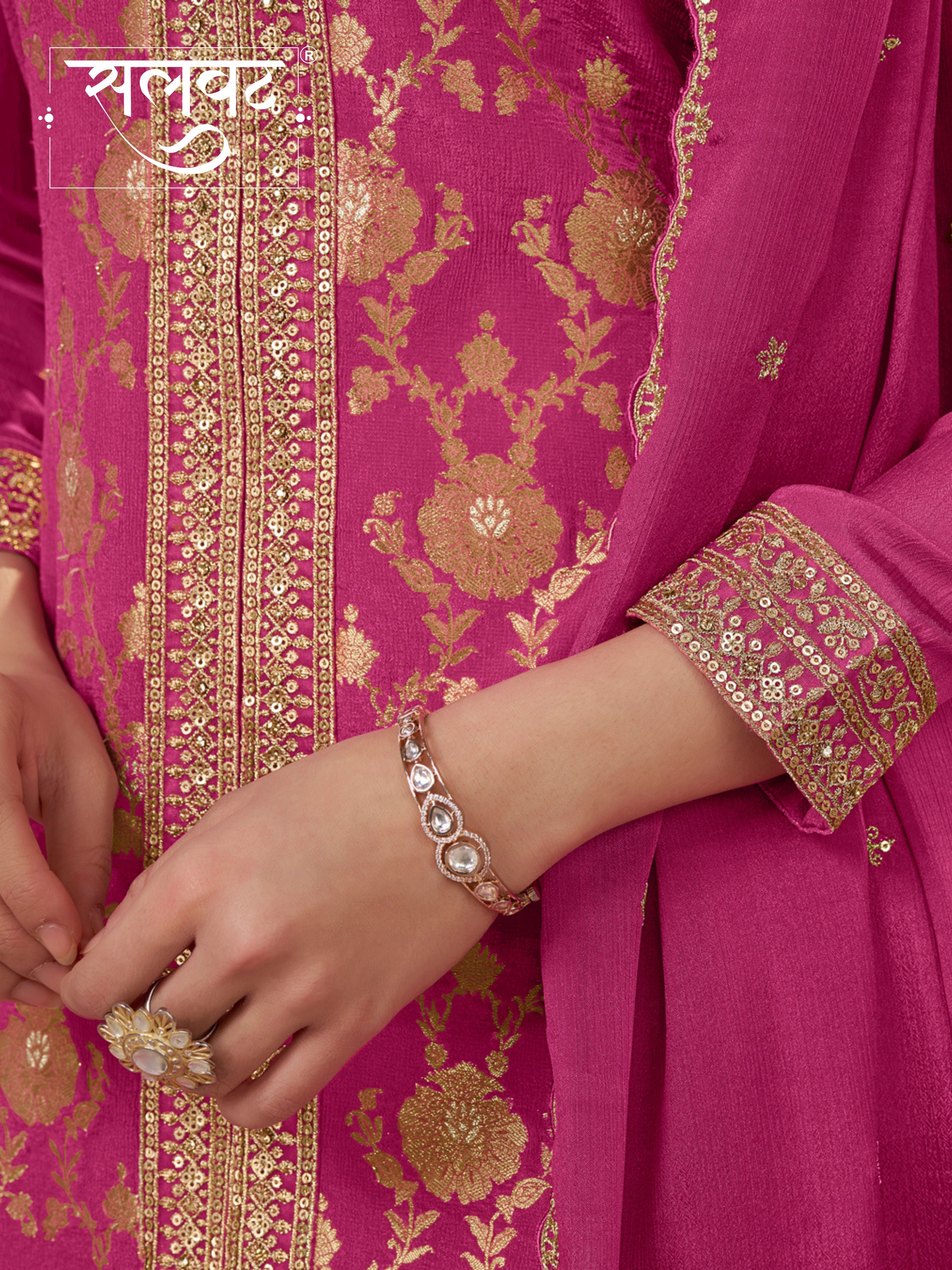 Pink Chinon Kurta Set with Heavy Jacquard Work Paired with Chinon Dupatta with Embroidered Work.