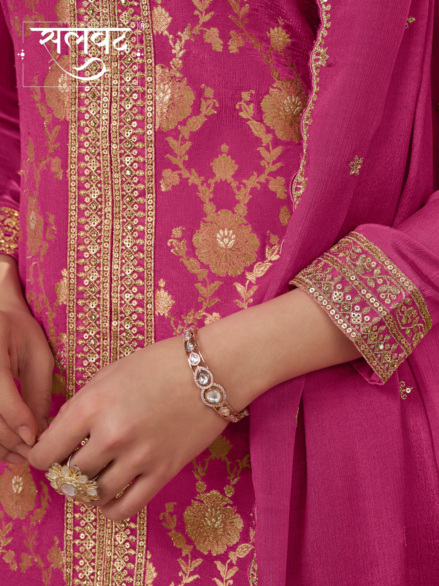 Pink Chinon Kurta Set with Heavy Jacquard Work Paired with Chinon Dupatta with Embroidered Work.