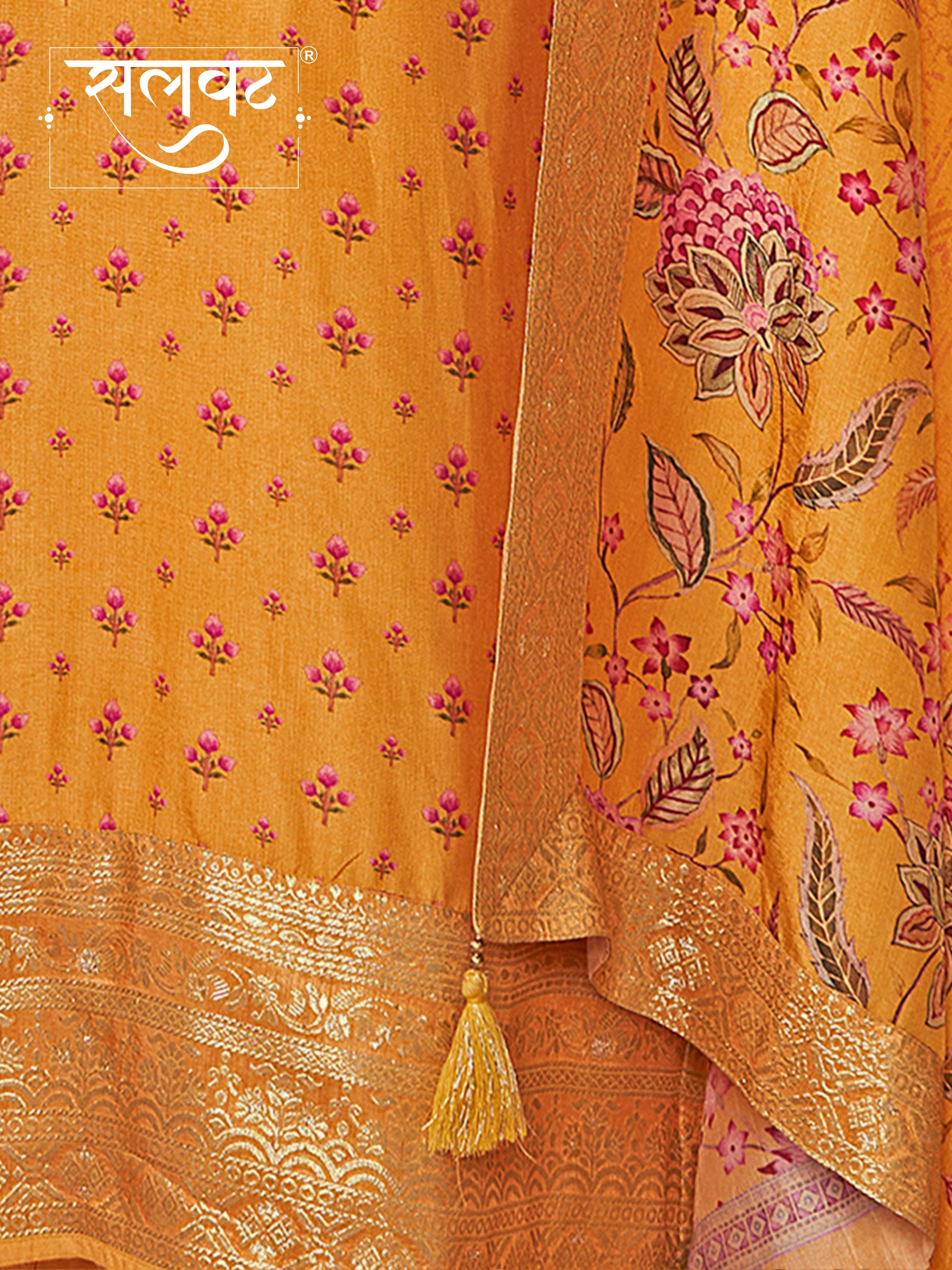 Yellow Russian Silk Kurta Set with Digital Print Work Paired with Russian Silk Digital Printed Duppatta