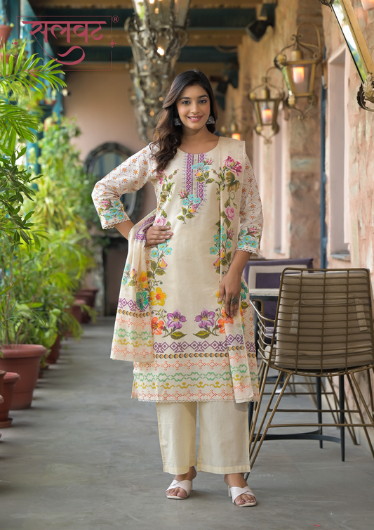 Light Beige Printed Handwork Kurta Set With Printed Dupatta