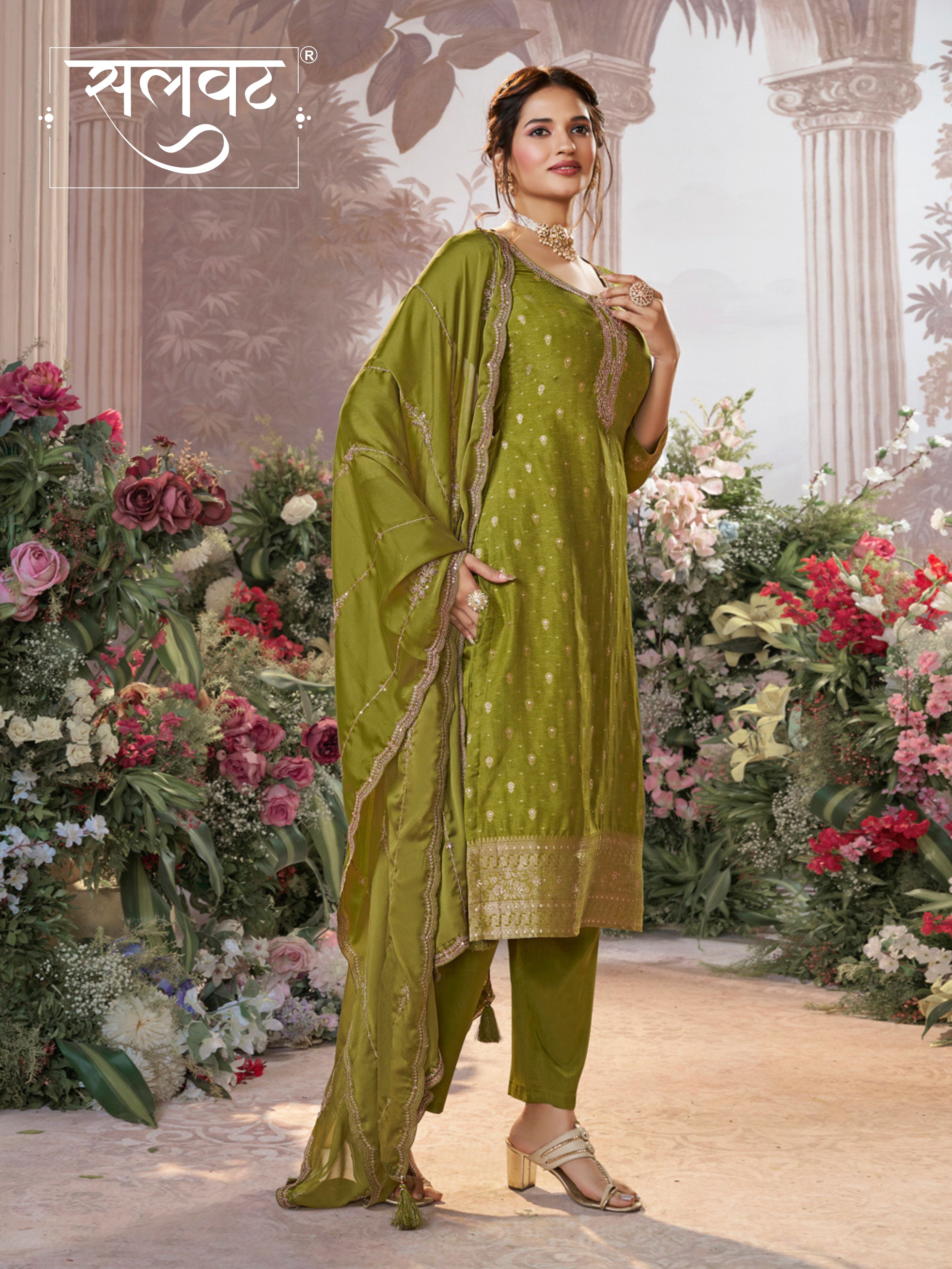 Olive Dola Silk Fabric Kurta with Embroidered & Jacquard Work Paired with Rangoli Fabric Dupatta with Patterned Sequins Work.