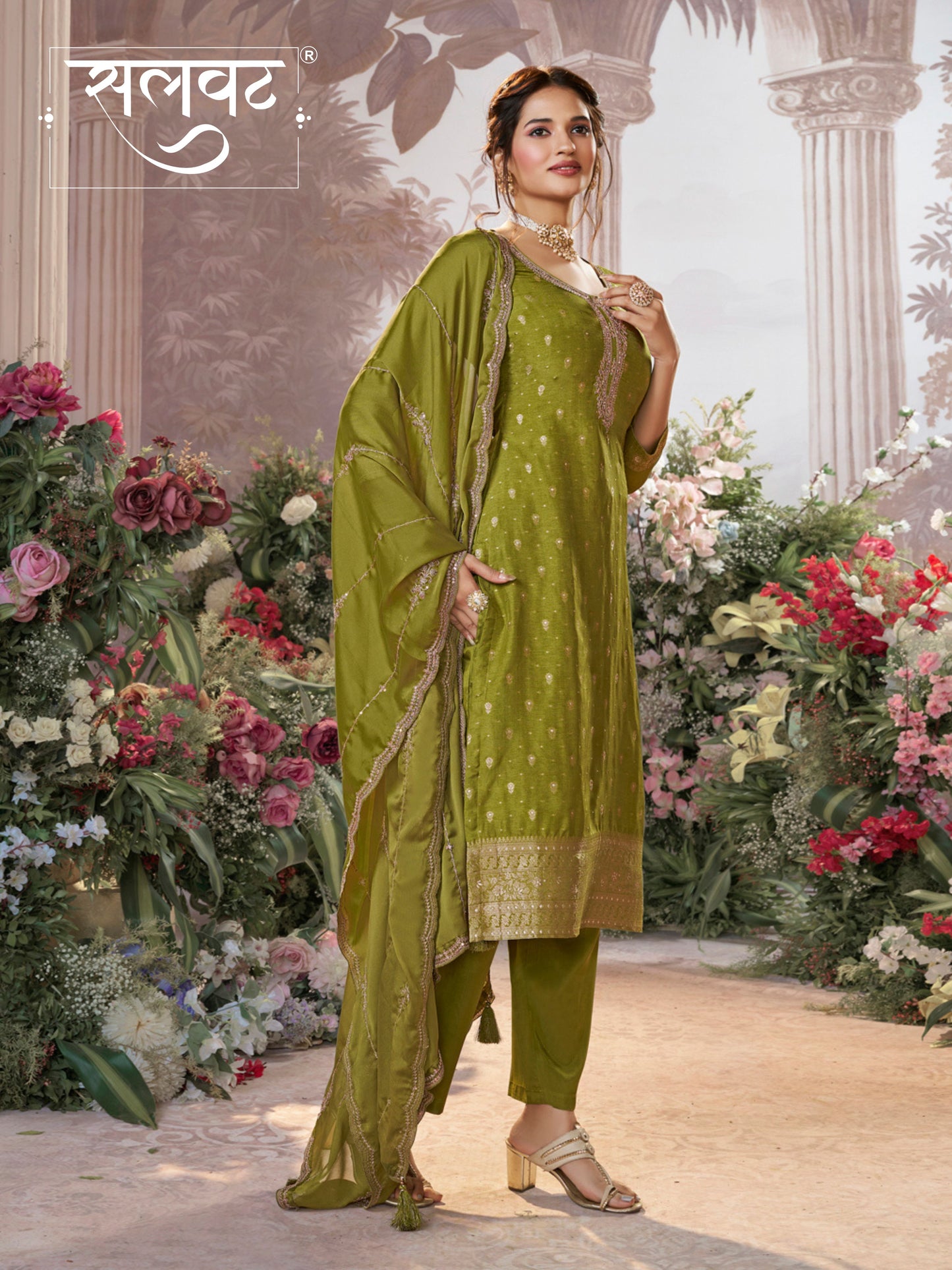 Olive Dola Silk Fabric Kurta with Embroidered & Jacquard Work Paired with Rangoli Fabric Dupatta with Patterned Sequins Work.