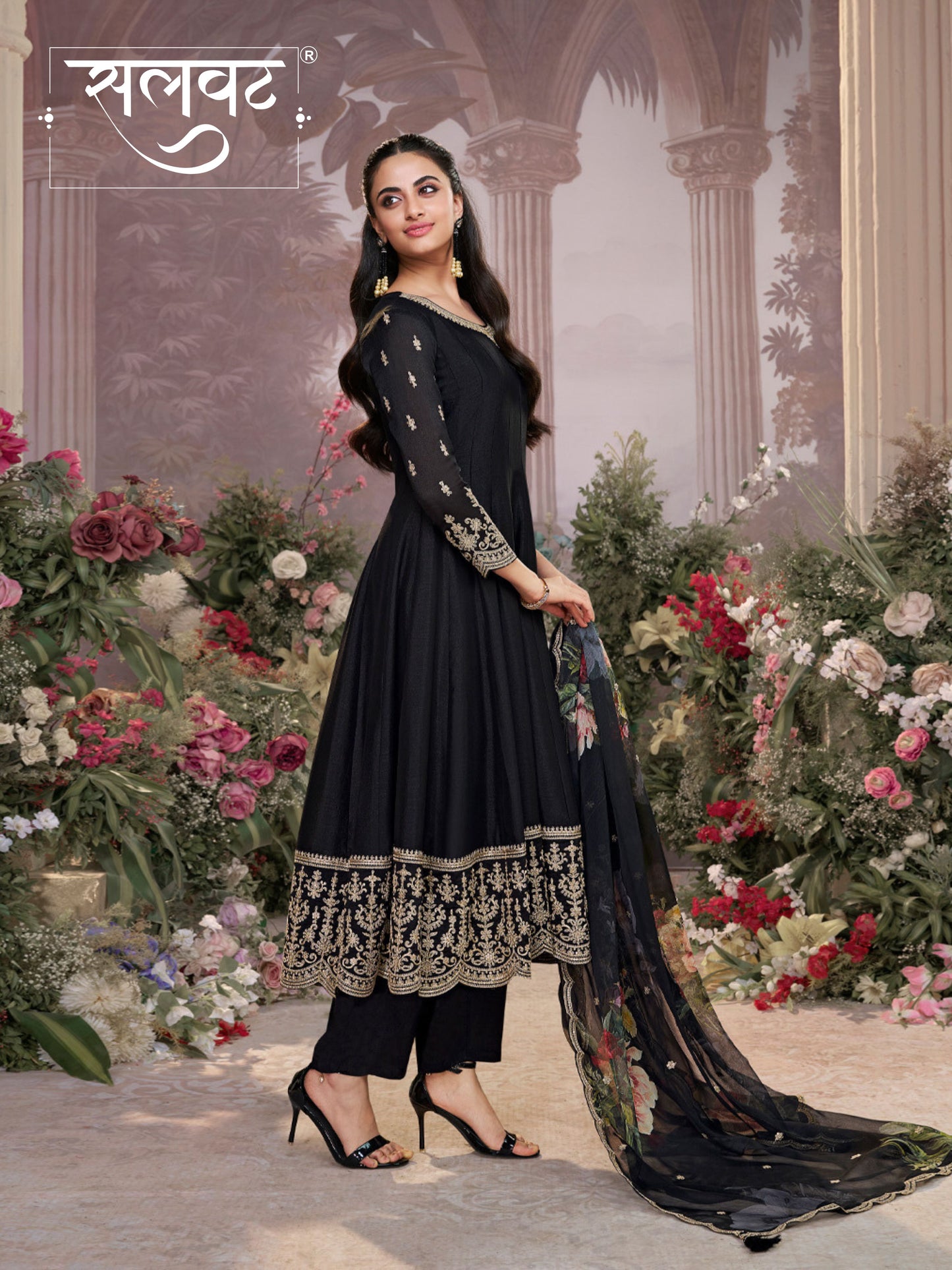 Black Vichitra Silk Embroidered Anarkali Set with Digital Printed Chiffon Dupatta