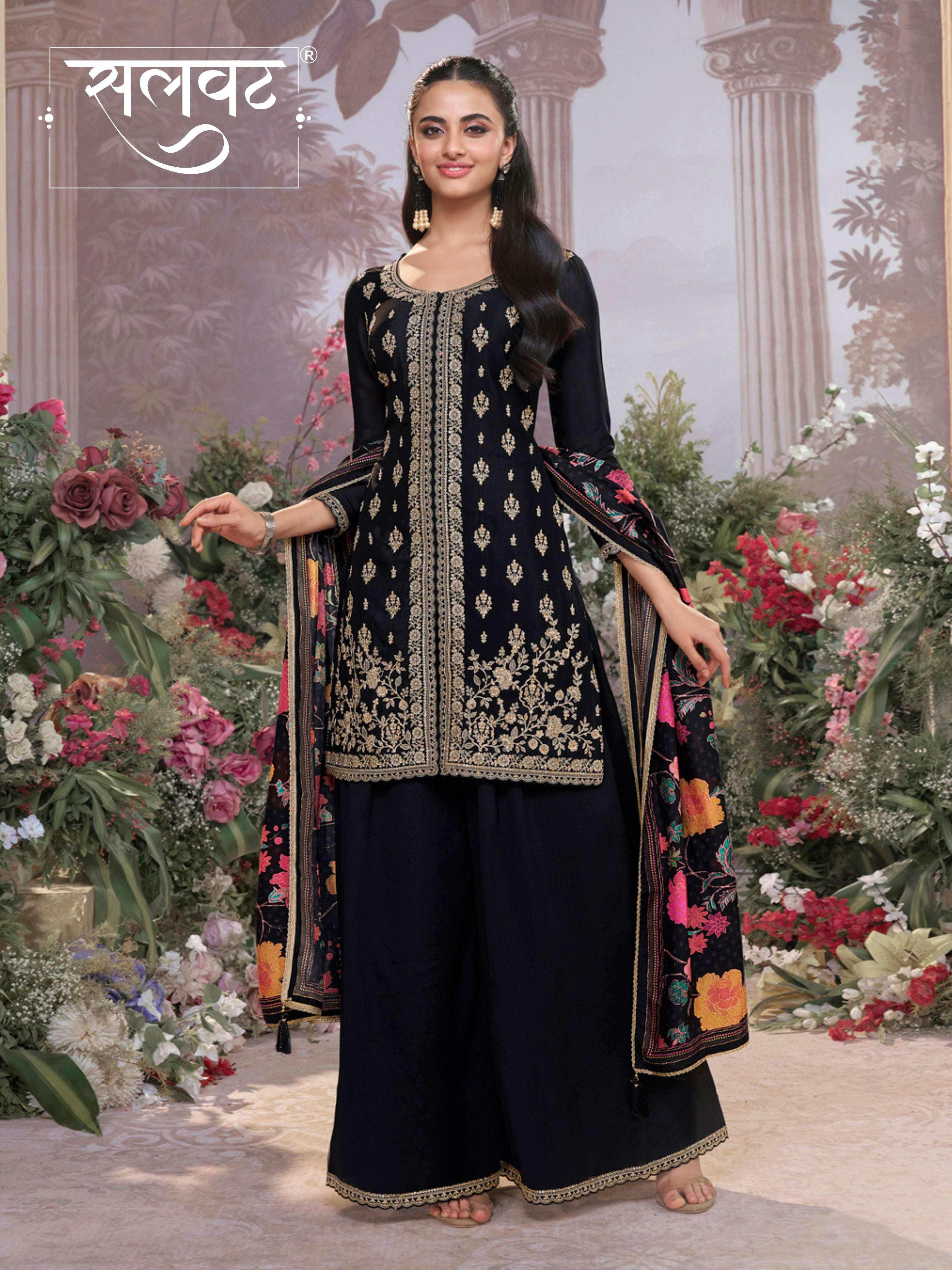 Black Chinon Kurta Set with Embroidered Work Paired with Digital Printed Dola Silk Dupatta