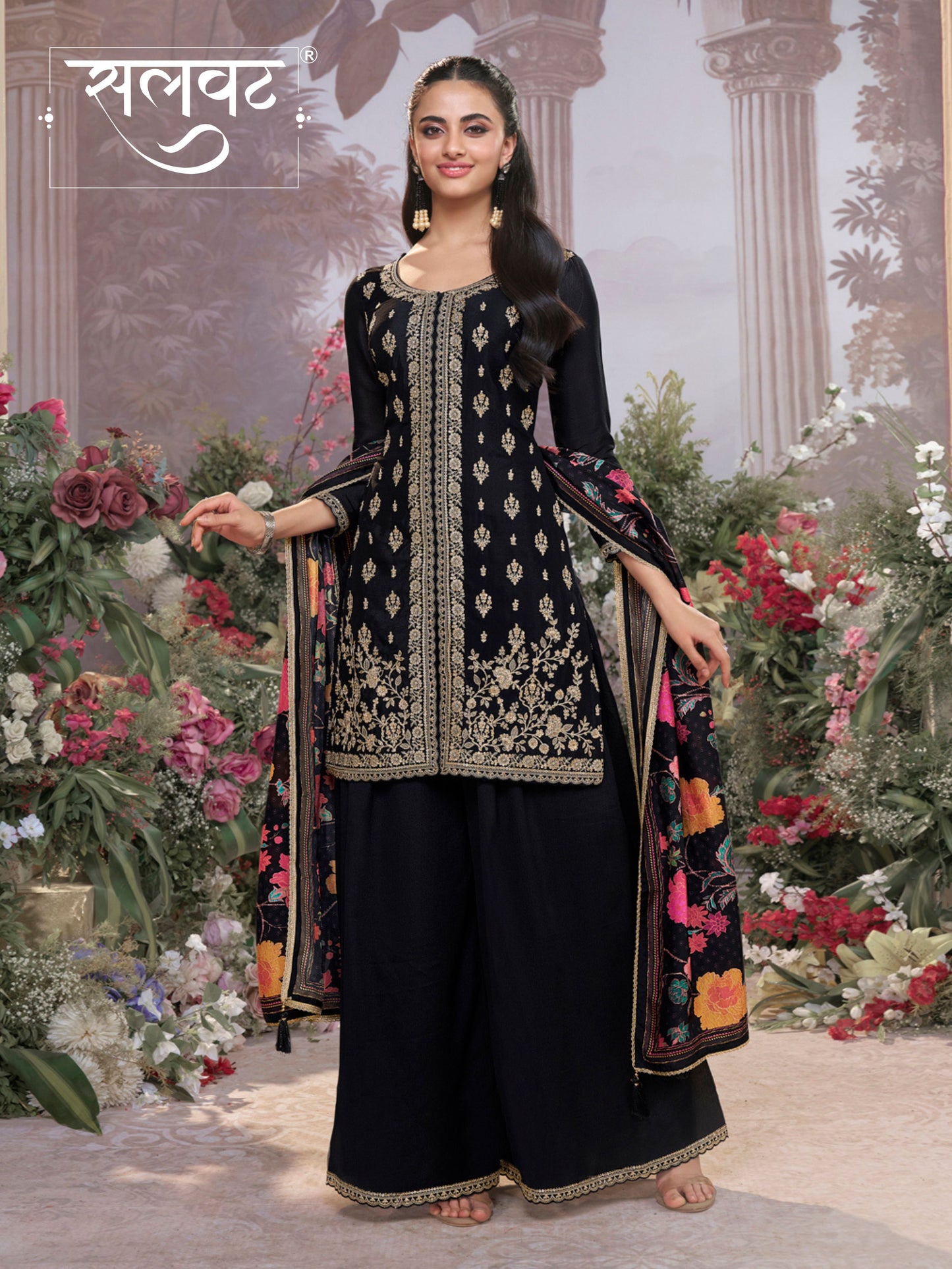 Black Chinon Kurta Set with Embroidered Work Paired with Digital Printed Dola Silk Dupatta