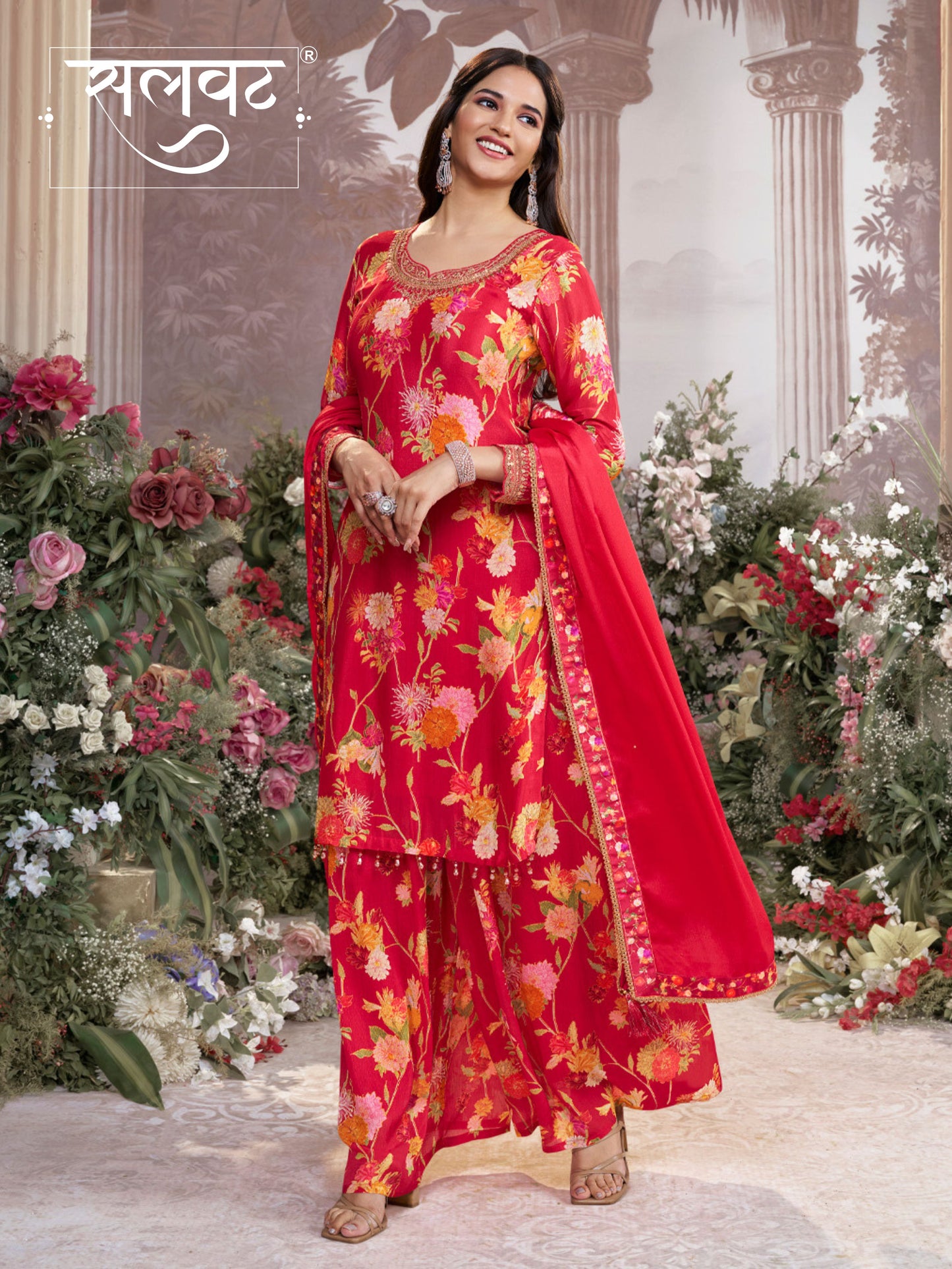 Red Chinon Sharara Set with Floral Print and Embroidery