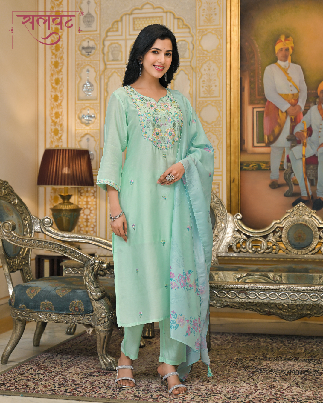 Seafoam Green Embroidered Kurta Set With Printed Dupatta