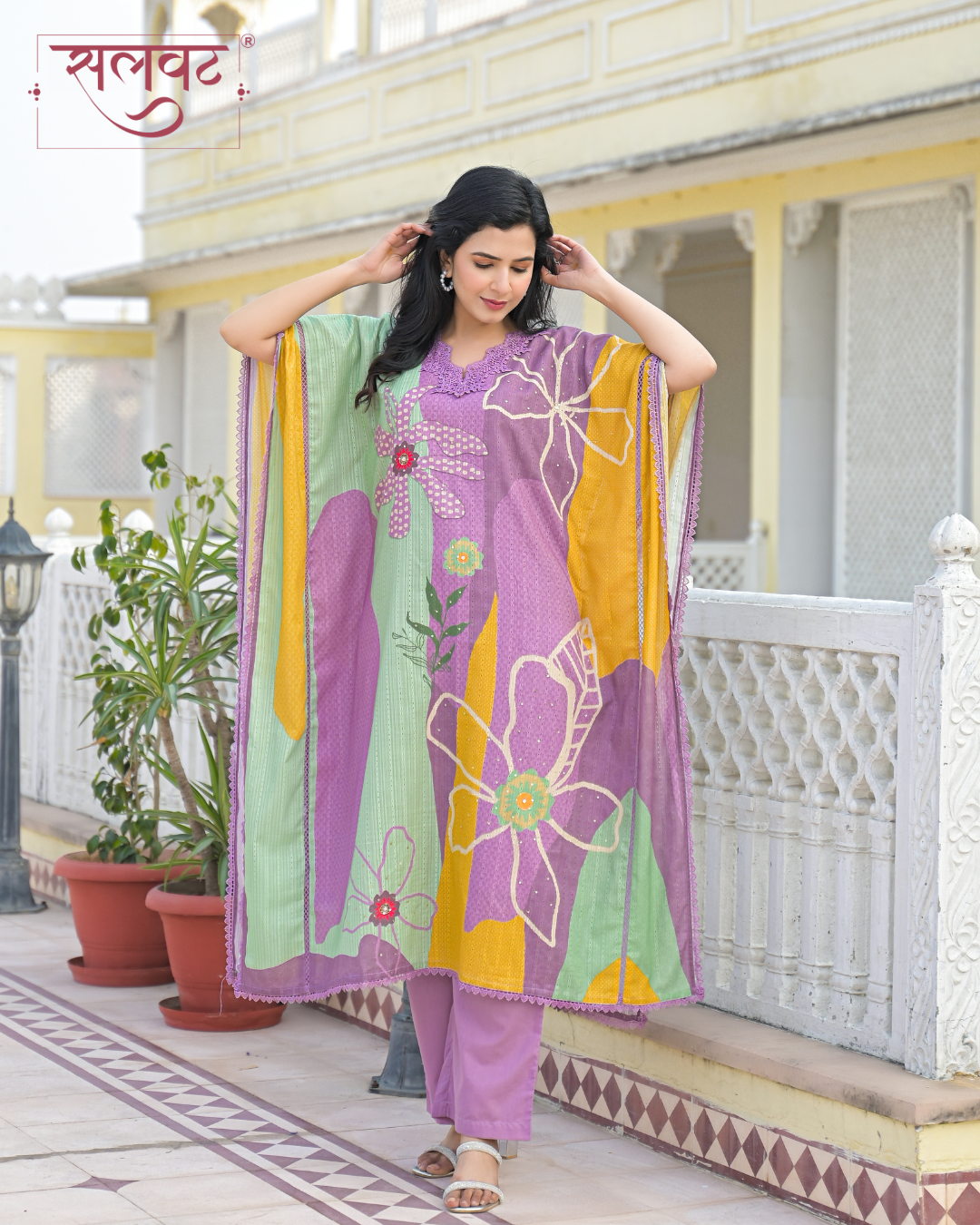 Lilac Abstract Printed Sequins Embellished Kaftan Set