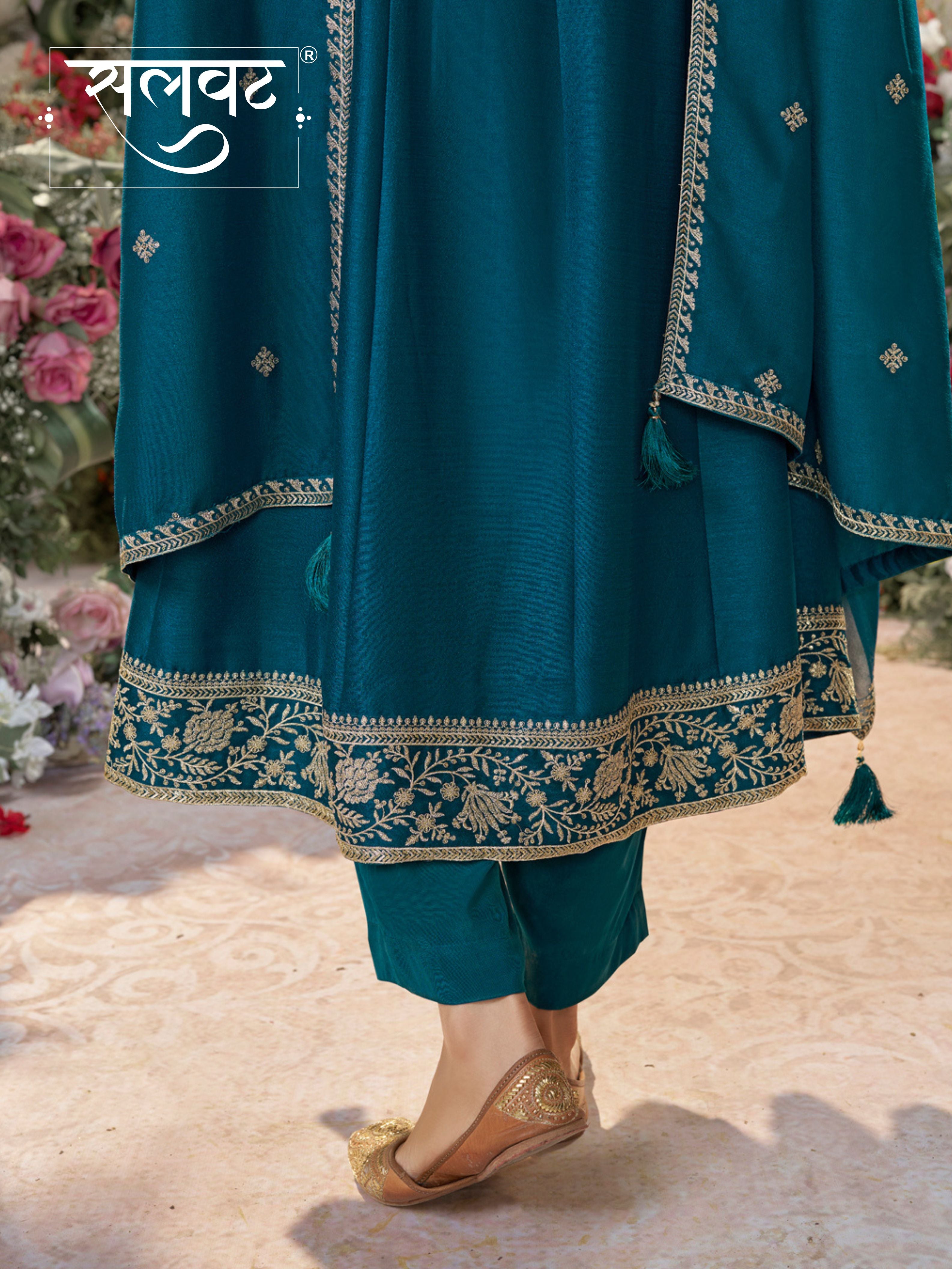 Blue Vichitra Silk Kurta Suit Set with Embroidered Work Paired with Vichitra Silk Dupatta with Embroidered Work