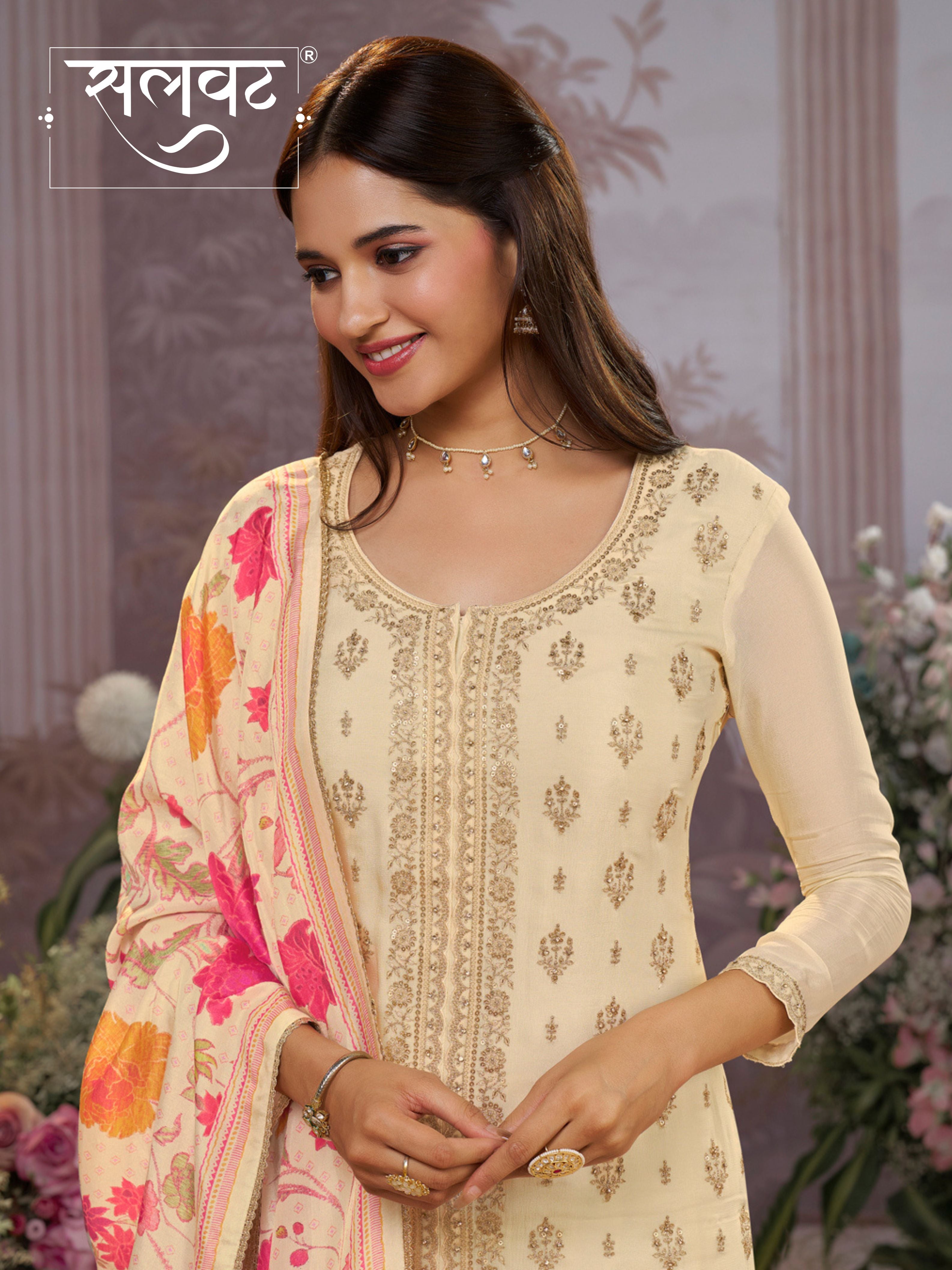 Off-White Chinon Kurta Set with Embroidered Work Paired with Digital Printed Dola Silk Dupatta