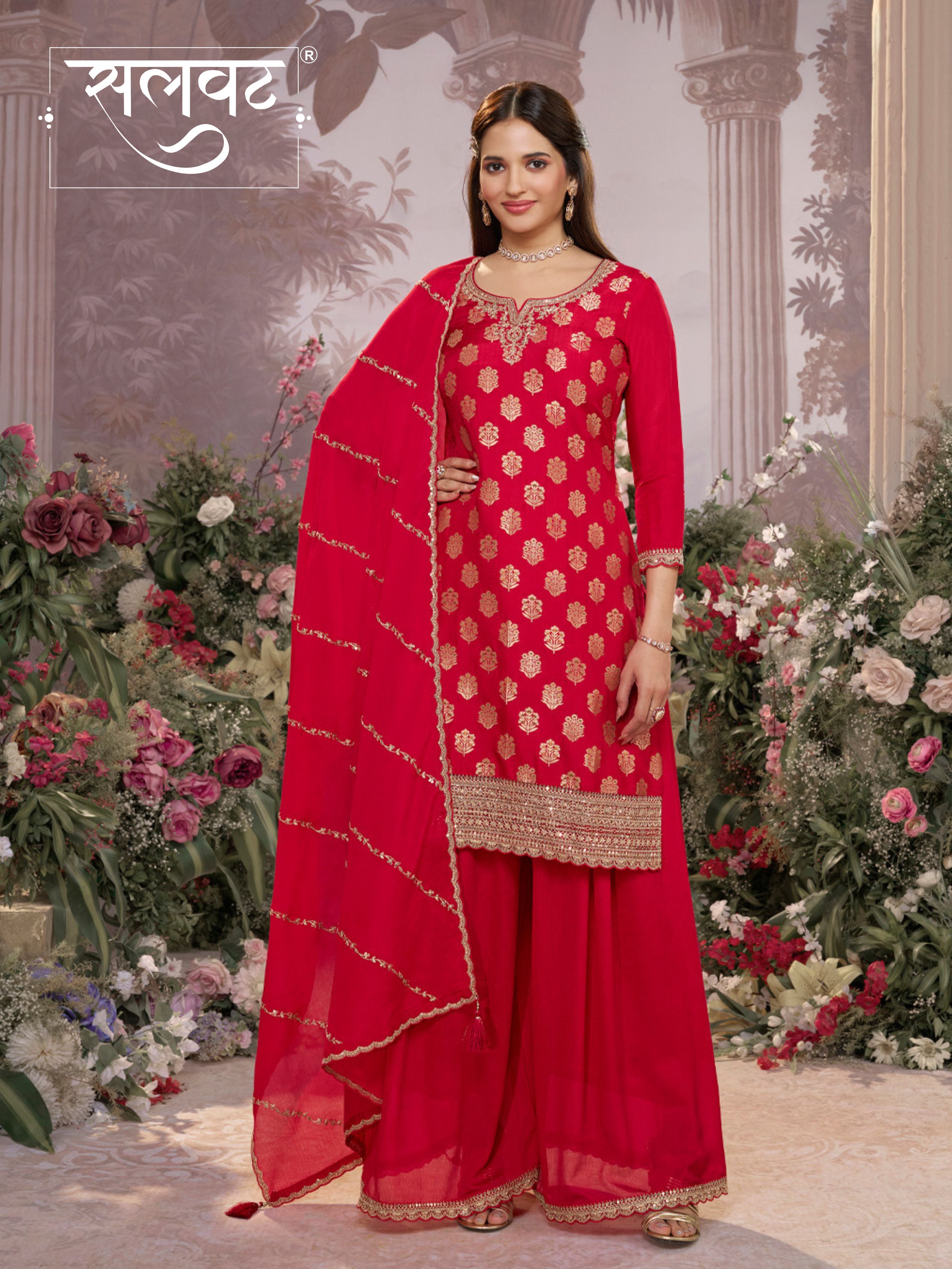 Red Dola Silk Meena Jacquard Kurta Set Paired With Embroidered Sharara Suit Set