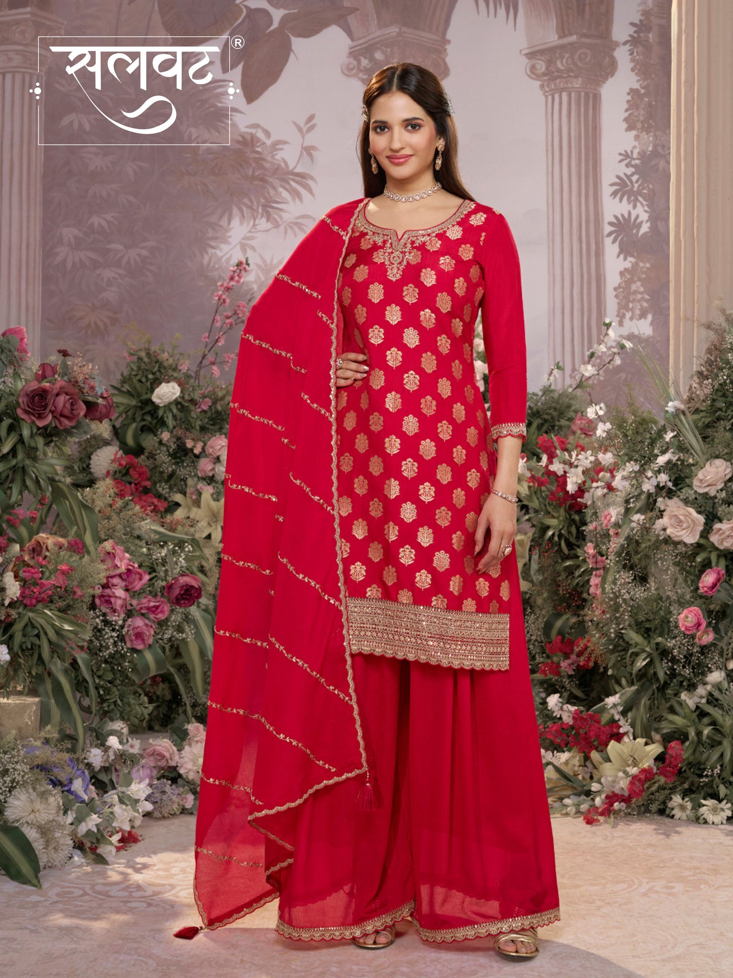 Red Dola Silk Meena Jacquard Kurta Set Paired With Embroidered Sharara Suit Set