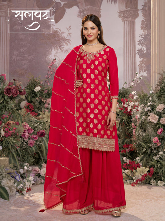 Red Dola Silk Meena Jacquard Kurta Set Paired With Embroidered Sharara Suit Set