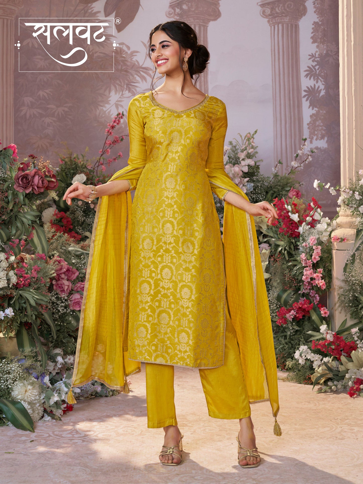 Yellow Chinon Kurta Set with Jacquard and Zari Work, Paired with an Organza Dupatta