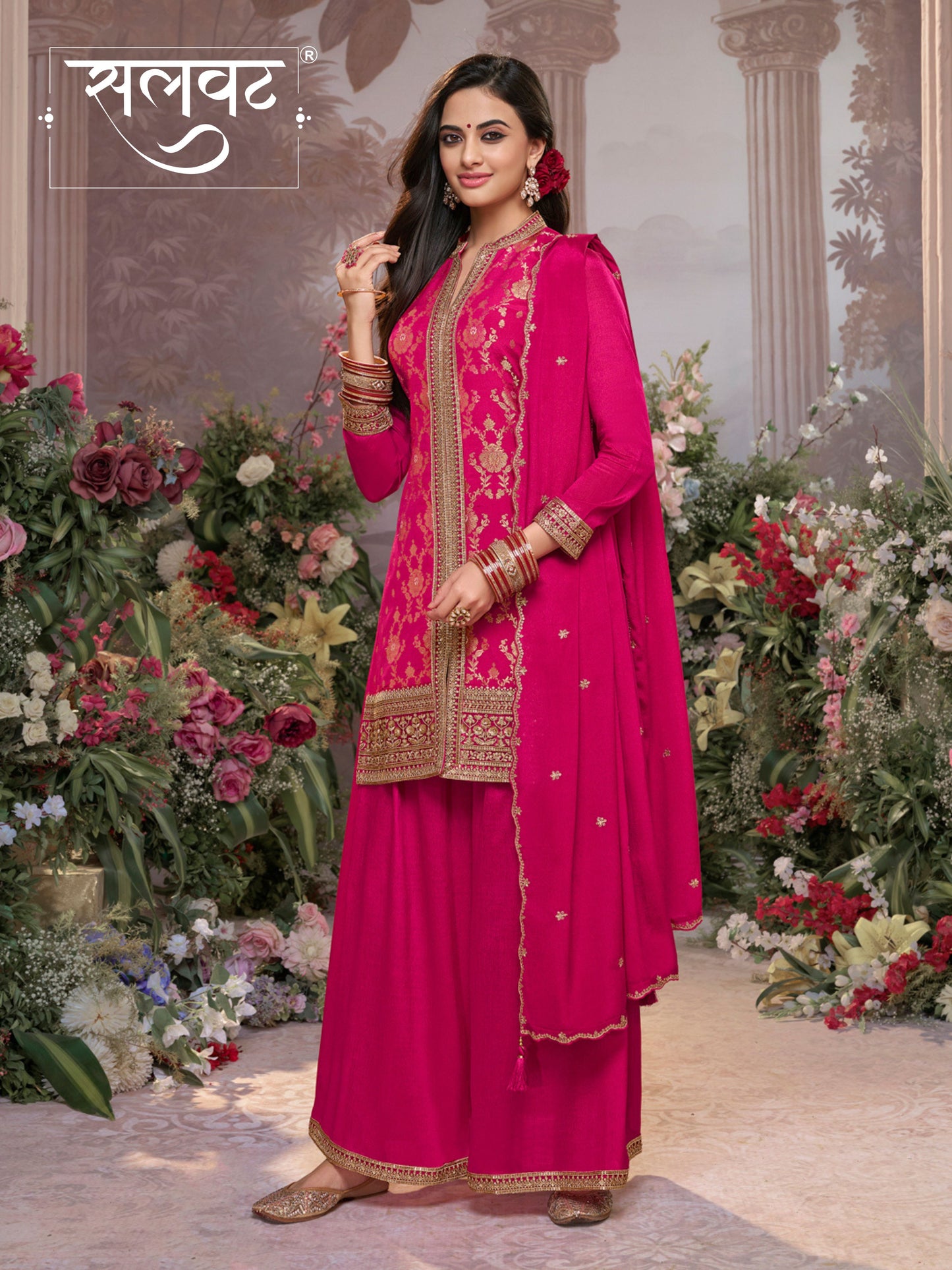 Hot Pink Chinon Kurta Set with Heavy Jacquard Work Paired with Chinon Dupatta with Embroidered Work.