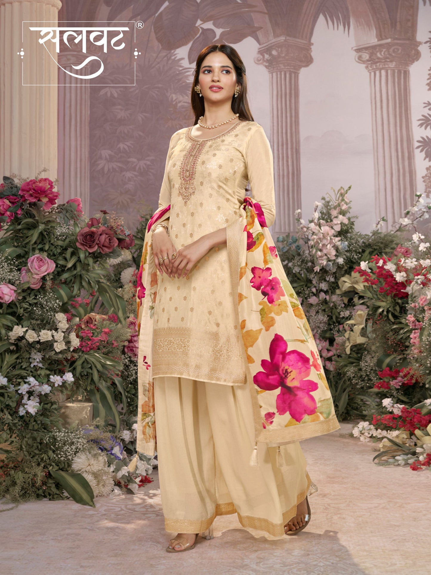 Off-White Dola Silk Jacquard & Embroidery Kurta Set with Digital Print Dola Silk Dupatta