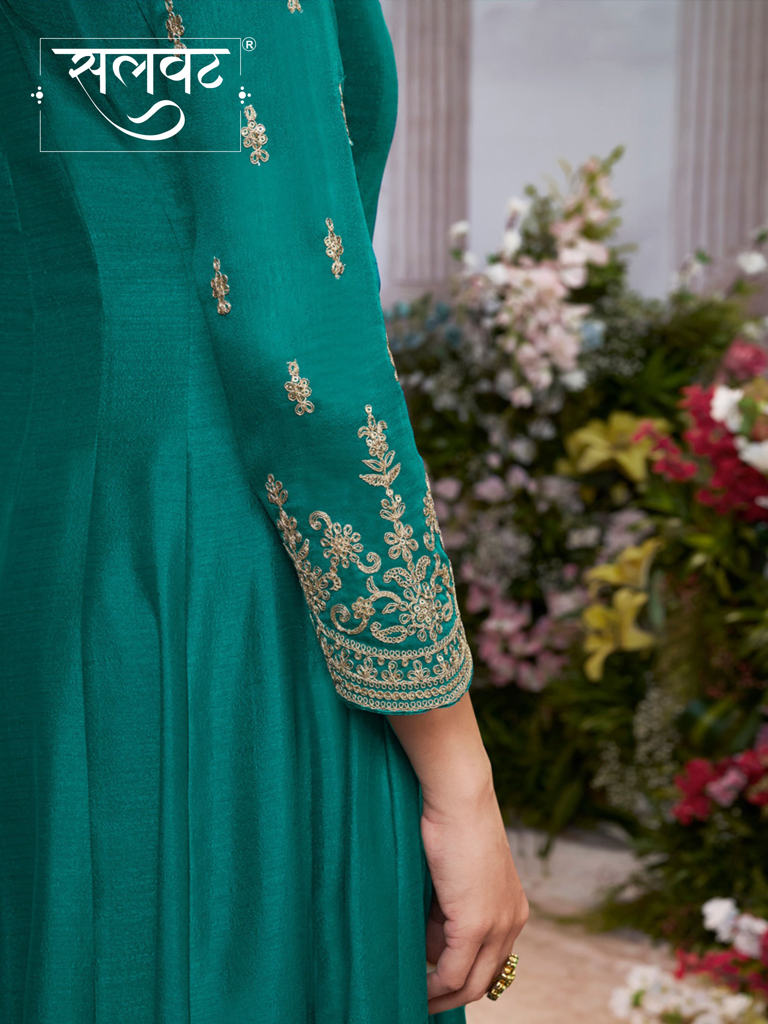 Green Vichitra Silk Embroidered Anarkali Set with Digital Printed Chiffon Dupatta
