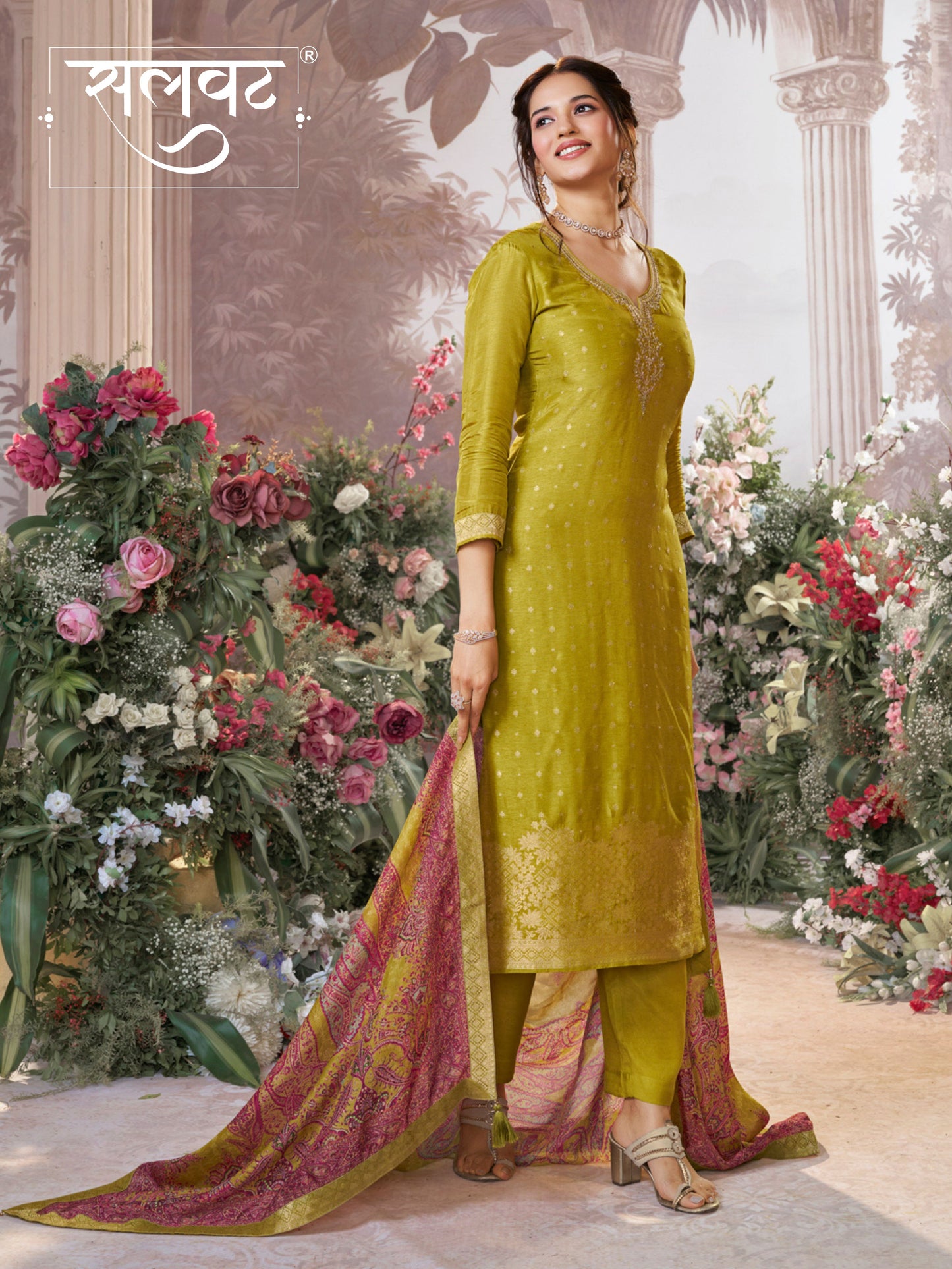 Yellow Dola Silk Kurta Set with Jacquard Detailing and Intricate Embroidery, Paired with a Cherry Silk Dupatta