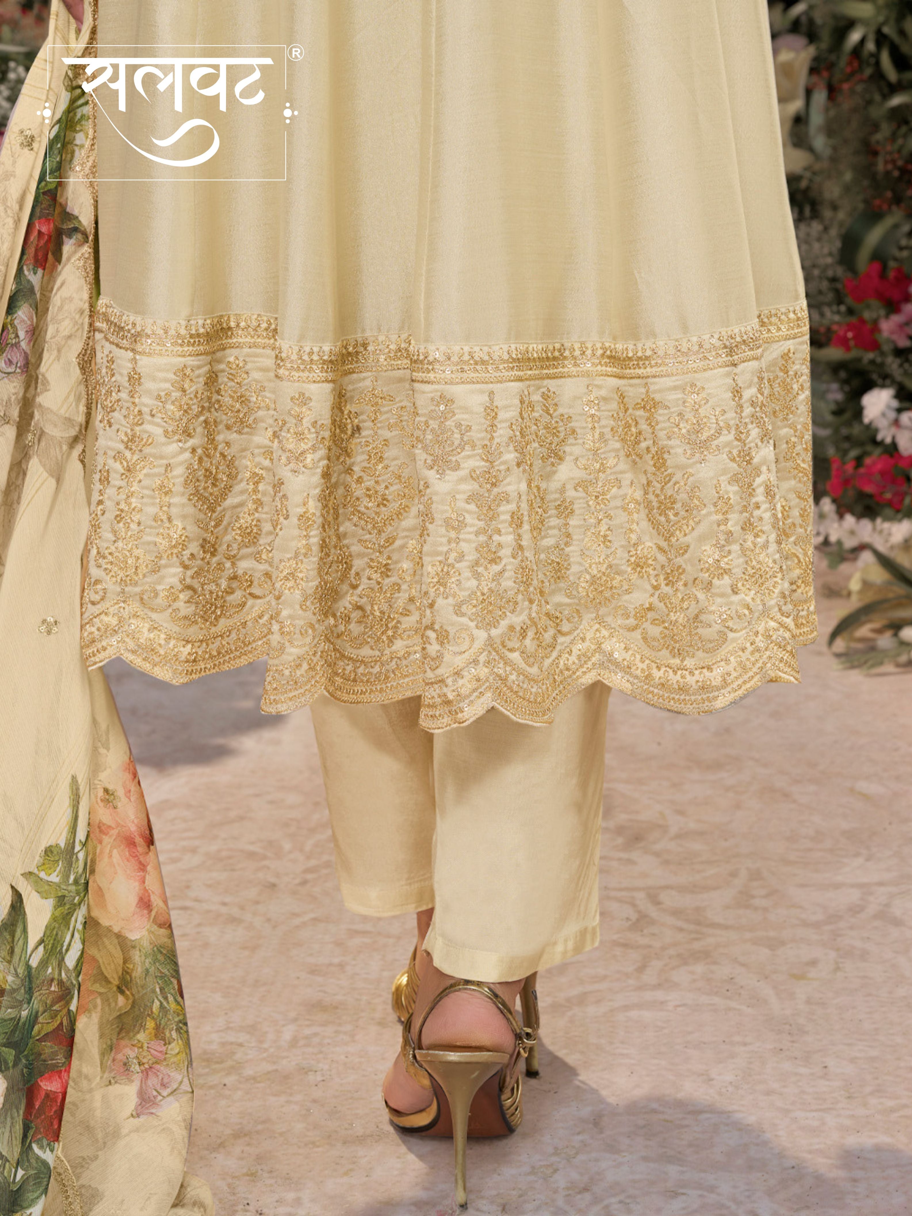 Off-White Vichitra Silk Embroidered Anarkali Set with Digital Printed Chiffon Dupatta