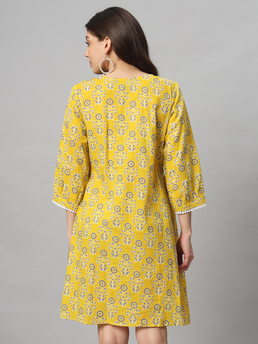 Yellow Cotton Printed Cotton Short Dress